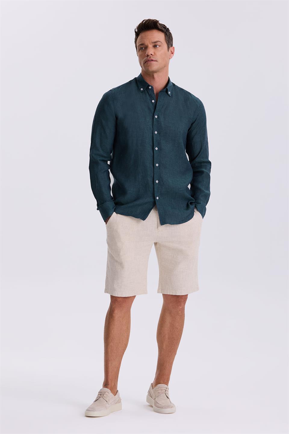 Khaki 100% Linen Collar Comfort Fit Shirt With Buttons