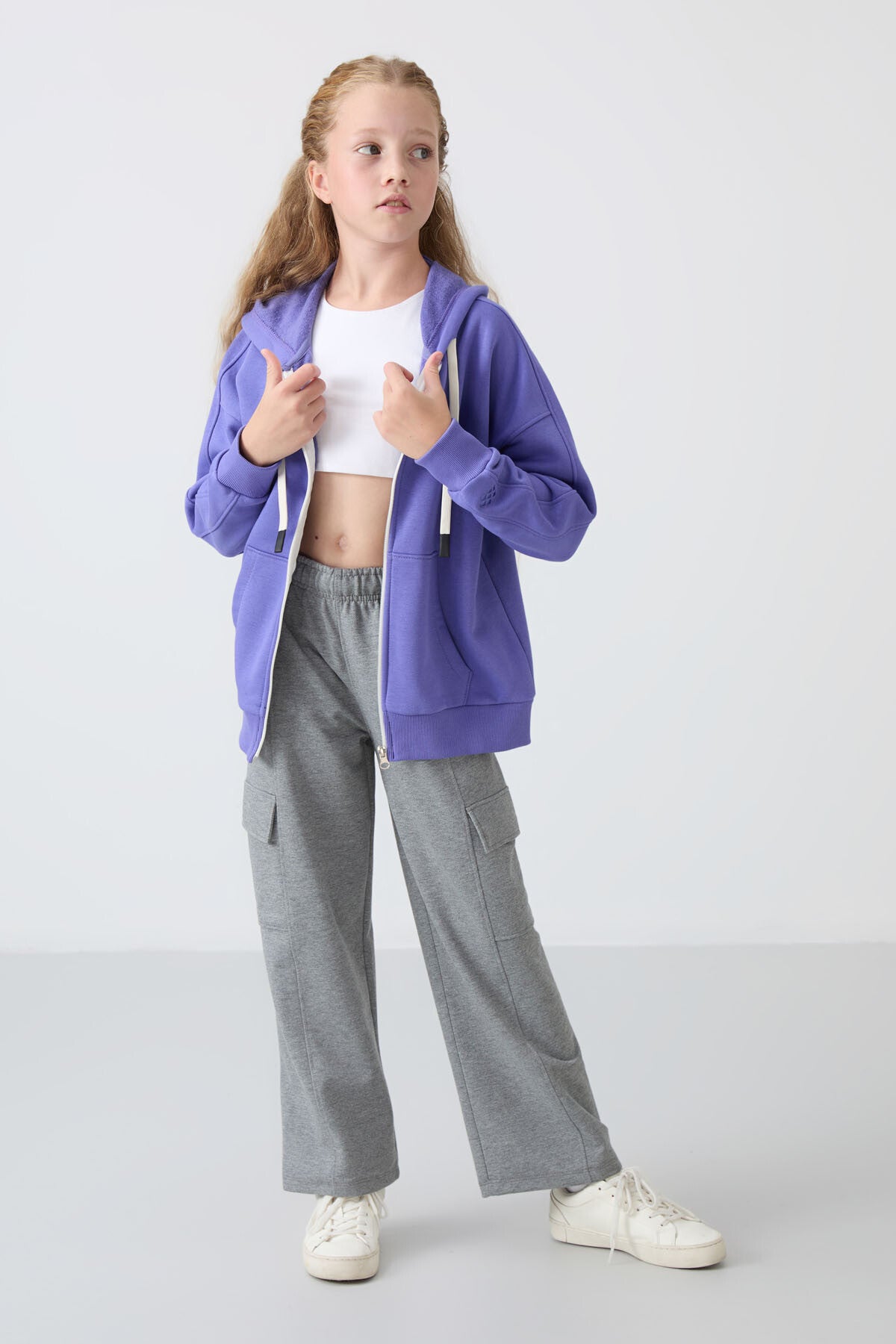 Light Blue Cotton Fleece-Lined Soft Textured Standard Fit Embroidered Girls' Sweatshirt - 75149