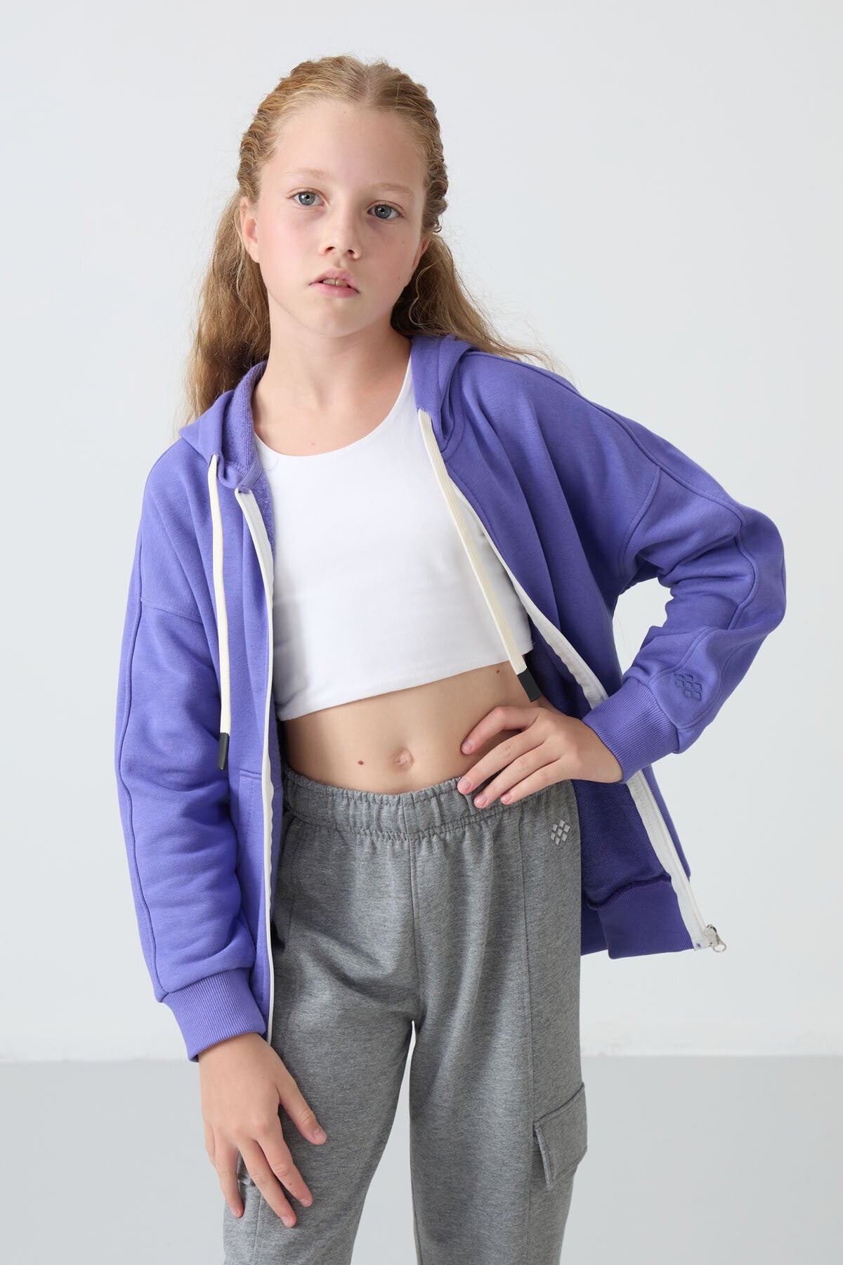 Light Blue Cotton Fleece-Lined Soft Textured Standard Fit Embroidered Girls' Sweatshirt - 75149