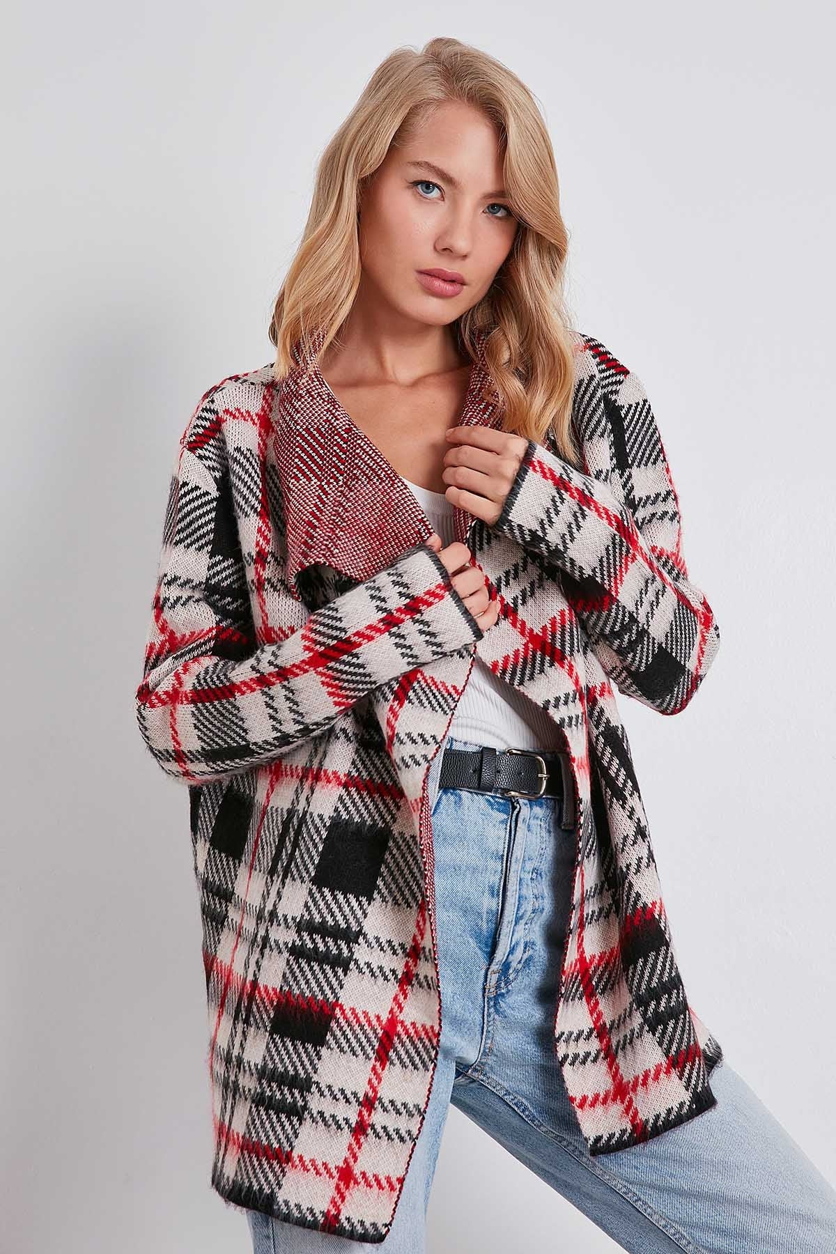 PLAID SHAWL COLLAR KNITTED CARDIGAN