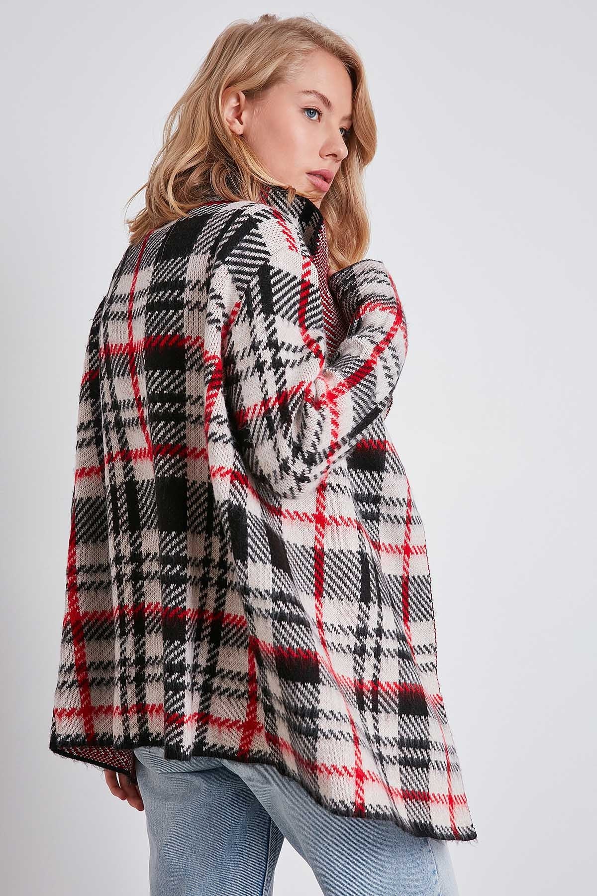 PLAID SHAWL COLLAR KNITTED CARDIGAN