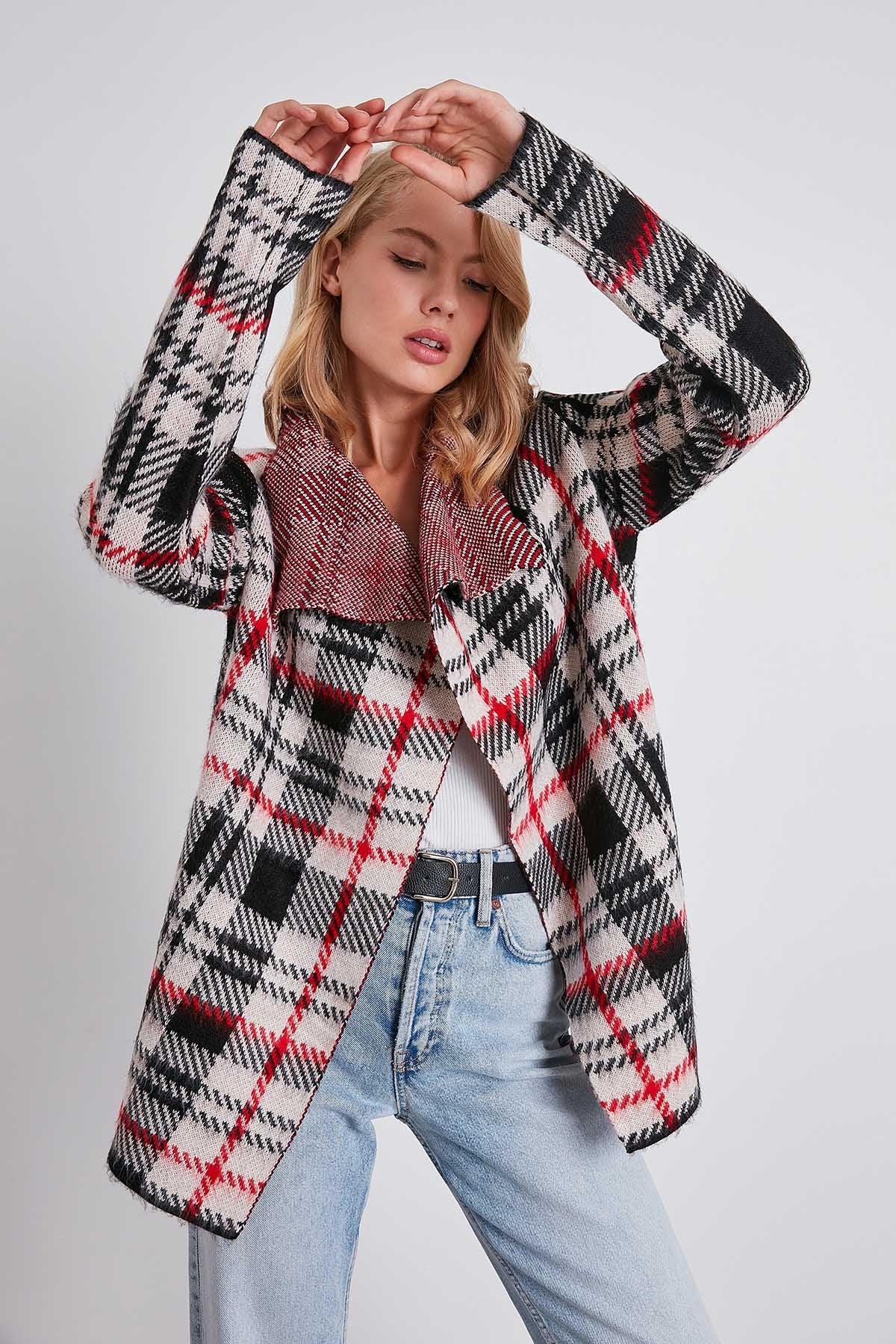 PLAID SHAWL COLLAR KNITTED CARDIGAN