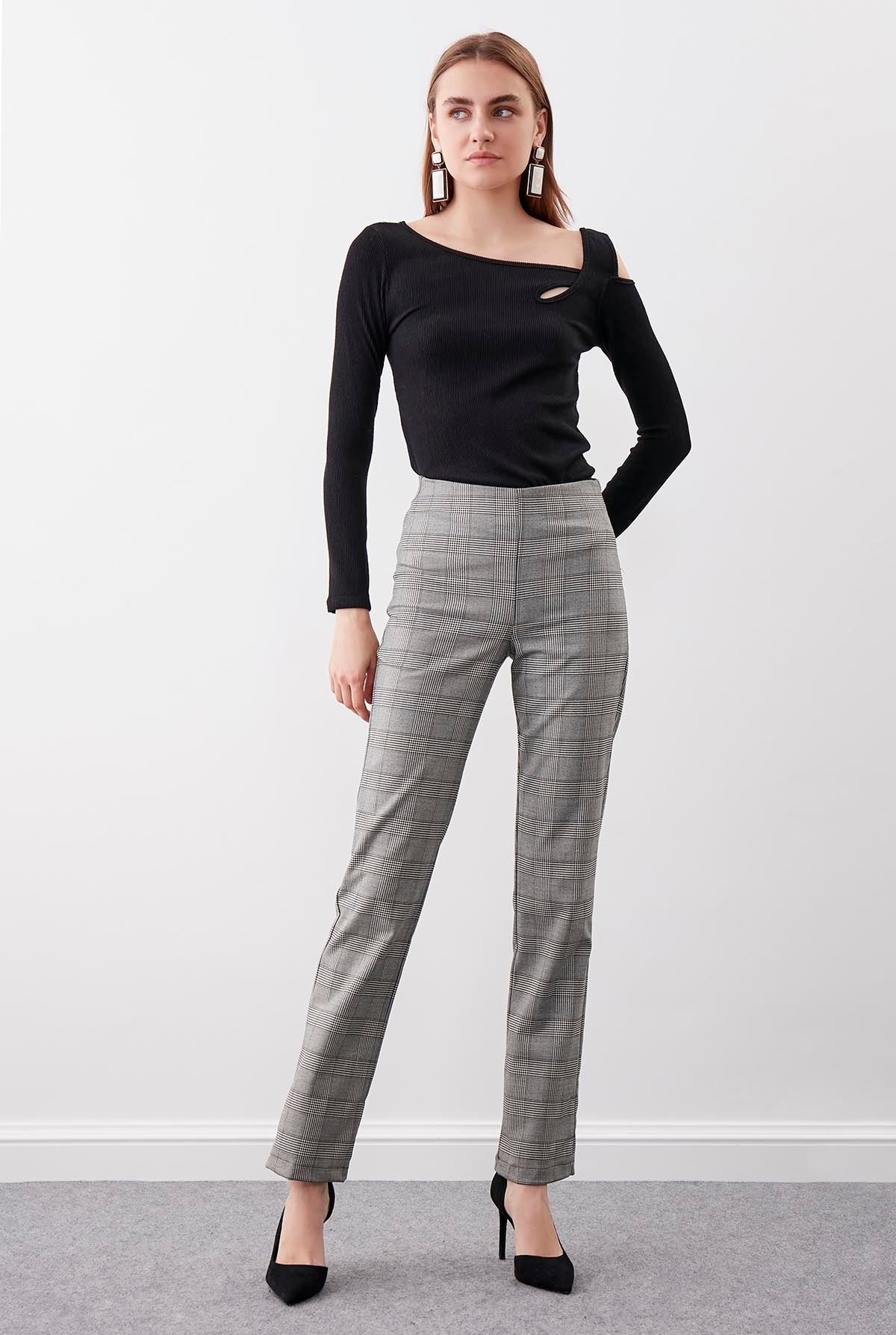 PLAID PATTERN HIGH-WAIST TROUSERS