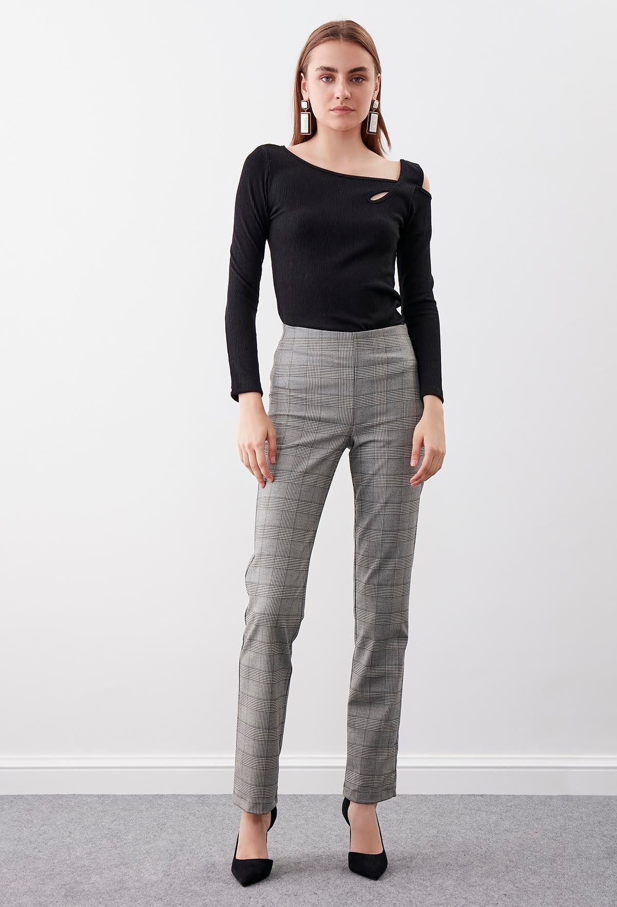 PLAID PATTERN HIGH-WAIST TROUSERS