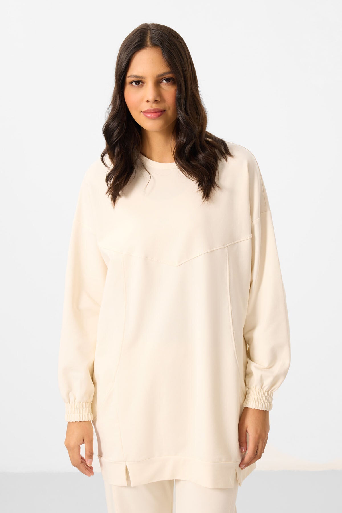 Ecru O Collar Basic Oversize Women's Tracksuit Tunic Set - 95347