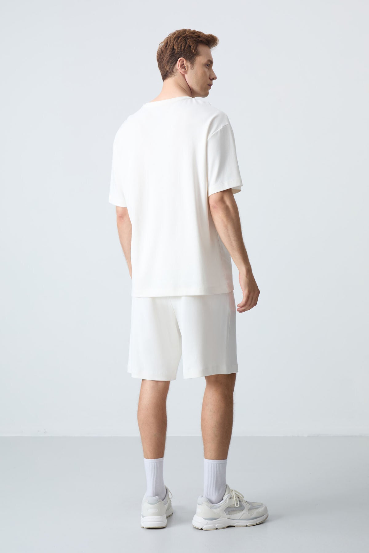 Beige Cotton Thick Soft Textured Oversize Fit Basic Men's Shorts Set - 85258