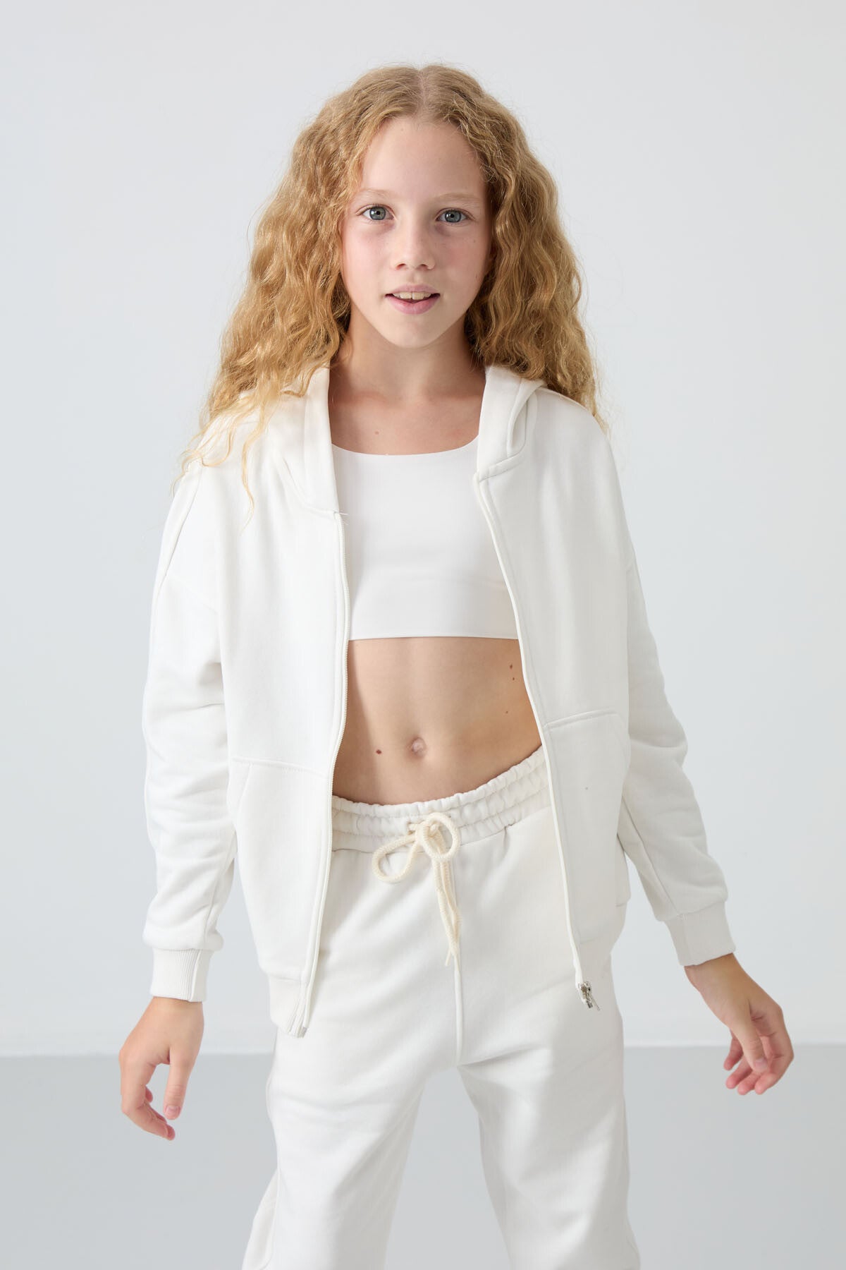 Light Beige Cotton Fleece-Lined Soft Textured Standard Fit Embroidered Girls' Tracksuit Set - 75148