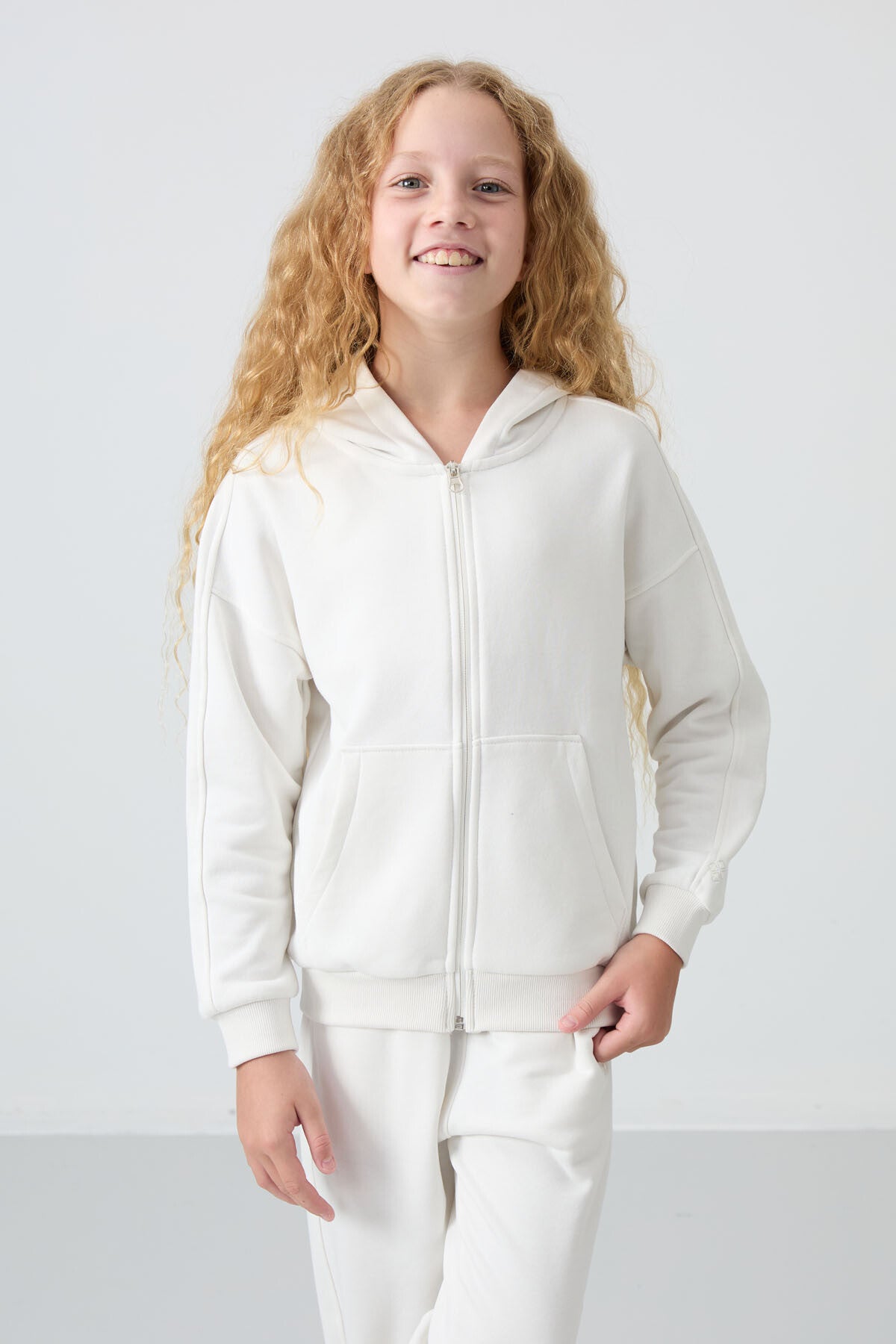 Light Beige Cotton Fleece-Lined Soft Textured Standard Fit Embroidered Girls' Tracksuit Set - 75148