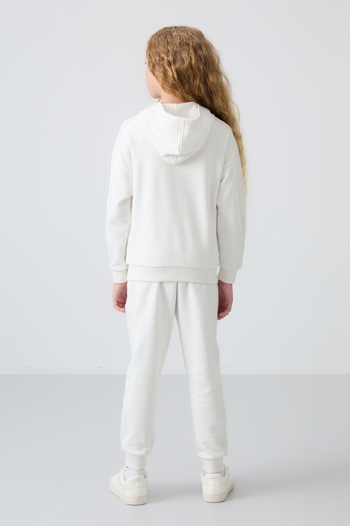 Light Beige Cotton Fleece-Lined Soft Textured Standard Fit Embroidered Girls' Tracksuit Set - 75148