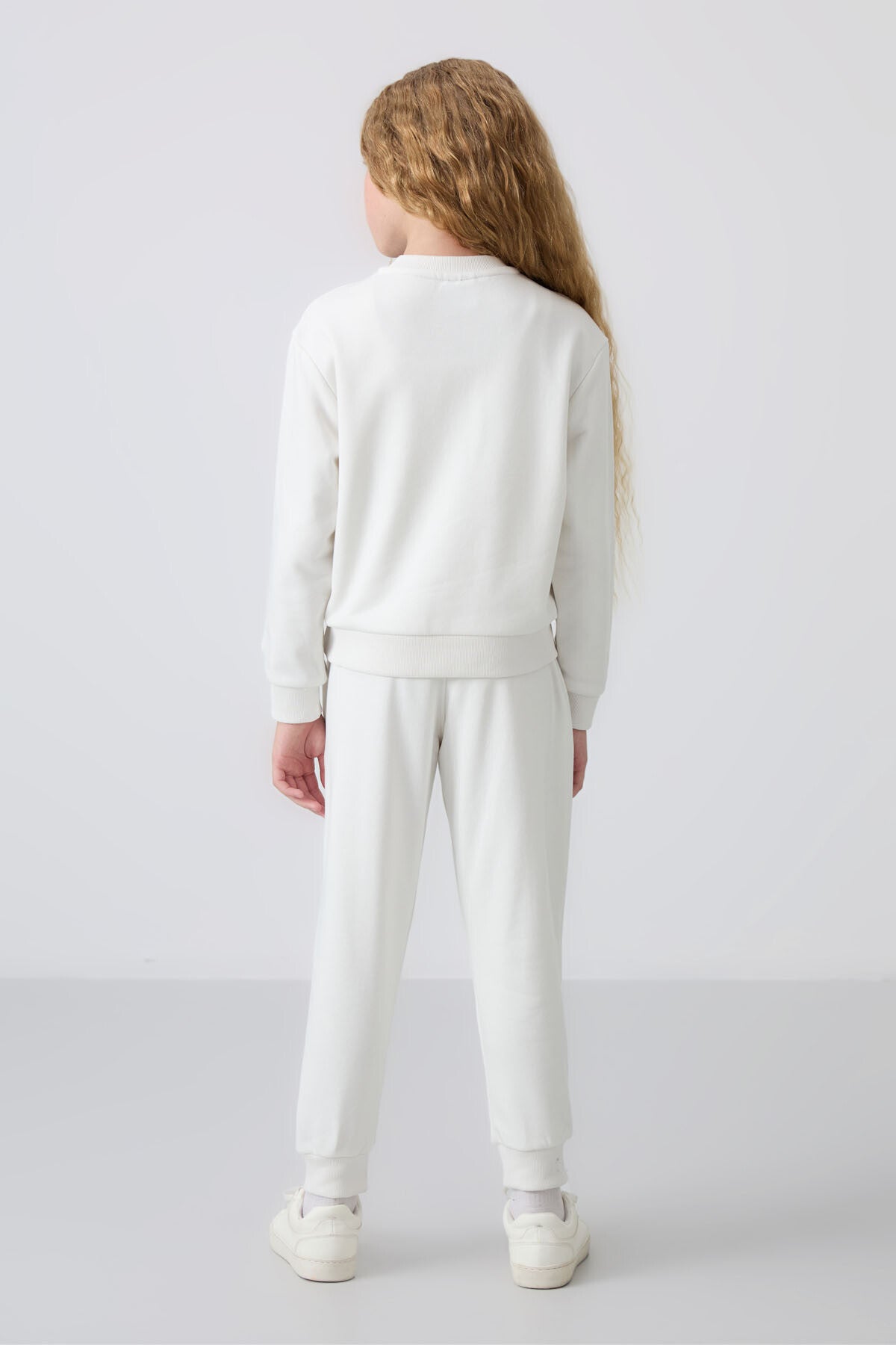 Ecru Cotton Fleece-Lined Soft Textured Oversize Embroidered Girls' Tracksuit Set - 75145