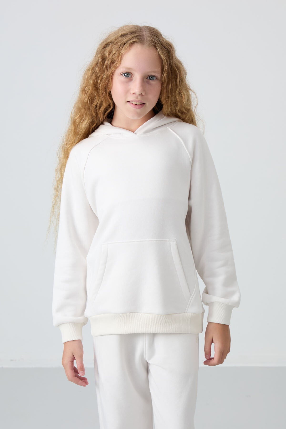 Light Beige Cotton Fleece-Lined Soft Textured Standard Fit Embroidered Girls' Tracksuit Set - 75162