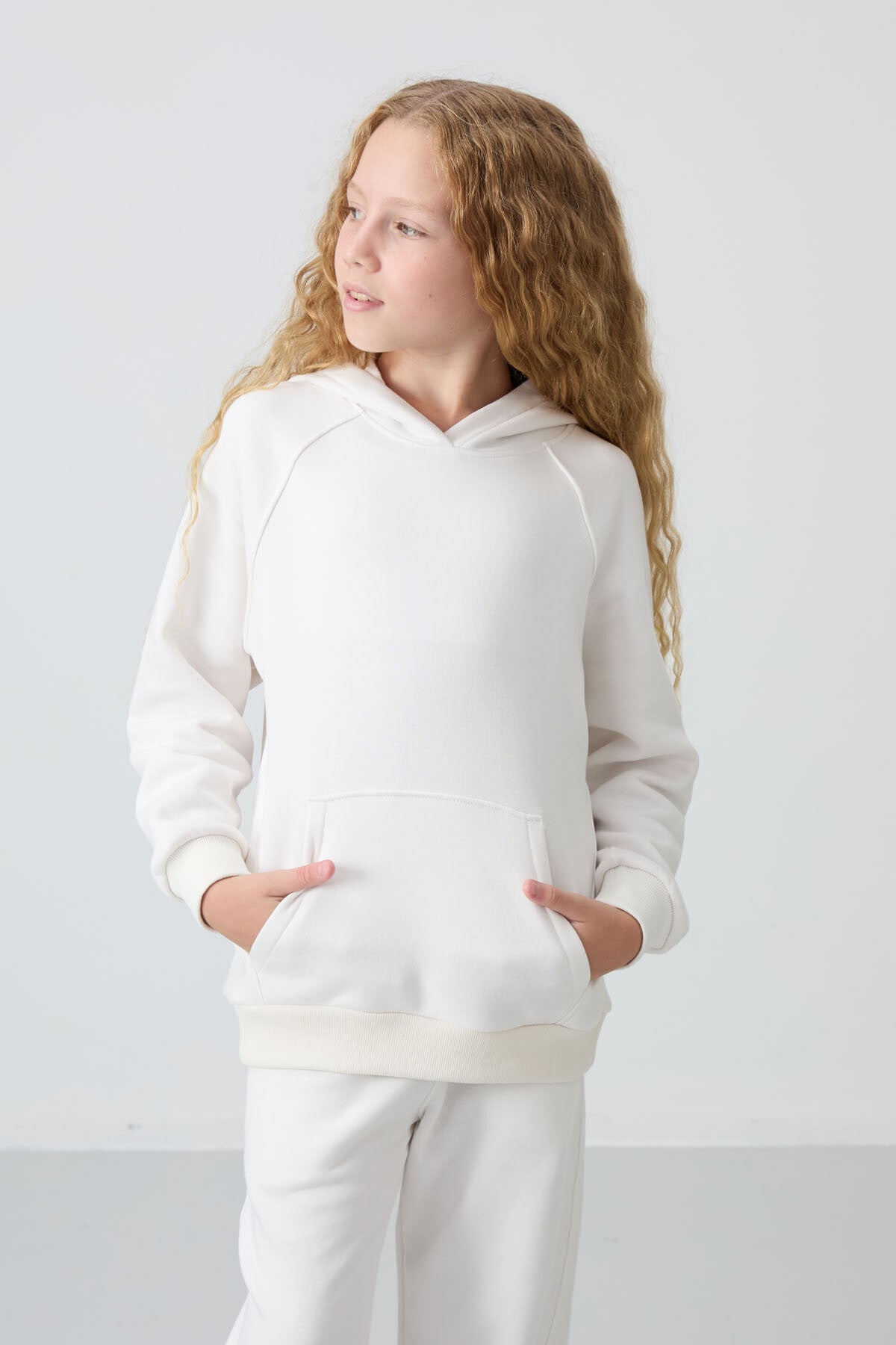 Light Beige Cotton Fleece-Lined Soft Textured Standard Fit Embroidered Girls' Tracksuit Set - 75162