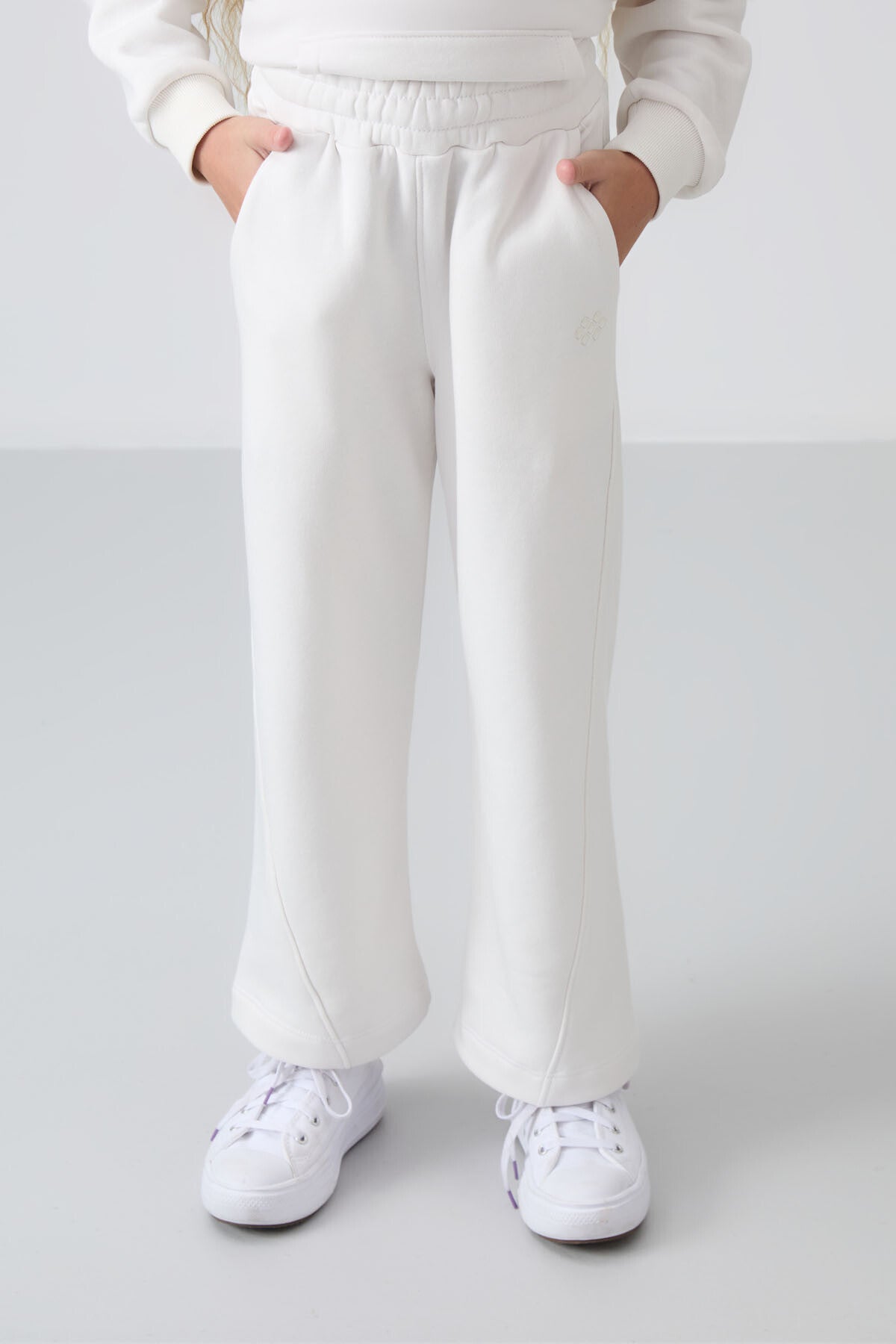 Light Beige Cotton Fleece-Lined Soft Textured Standard Fit Embroidered Girls' Tracksuit Set - 75162