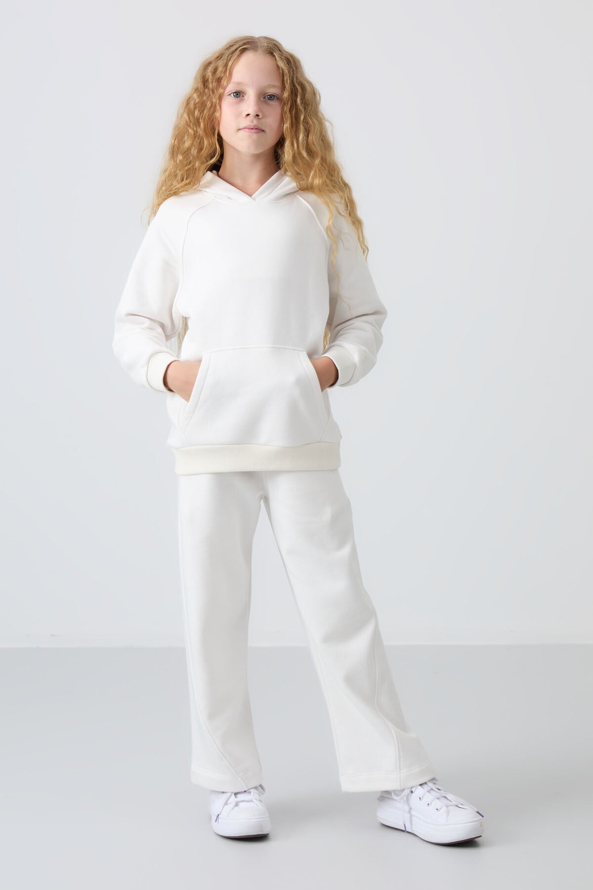 Light Beige Cotton Fleece-Lined Soft Textured Standard Fit Embroidered Girls' Tracksuit Set - 75162