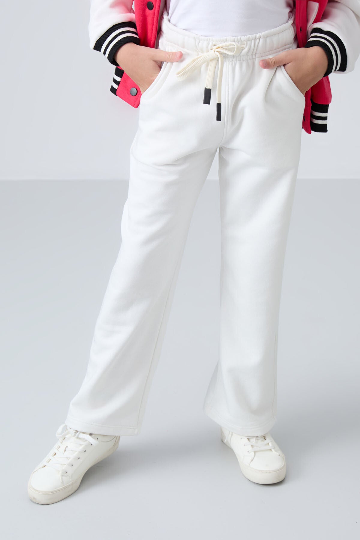 Light Beige Cotton Fleece-Lined Soft Textured Standard Fit Embroidered Girls' Tracksuit Bottom - 75146