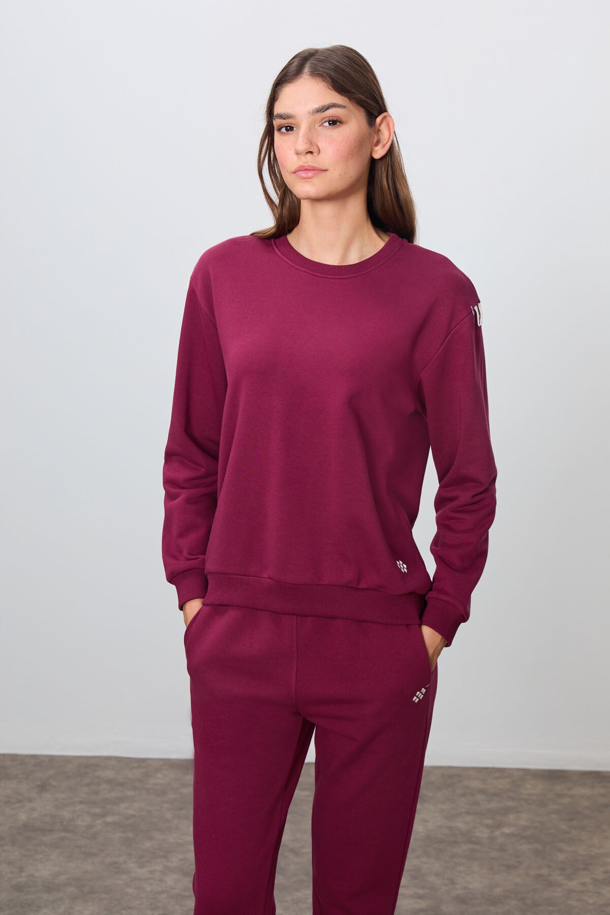Purple Compact Cotton Thick Smooth Textured O-Collar Oversize Fit Women's Tracksuit Set - 95341