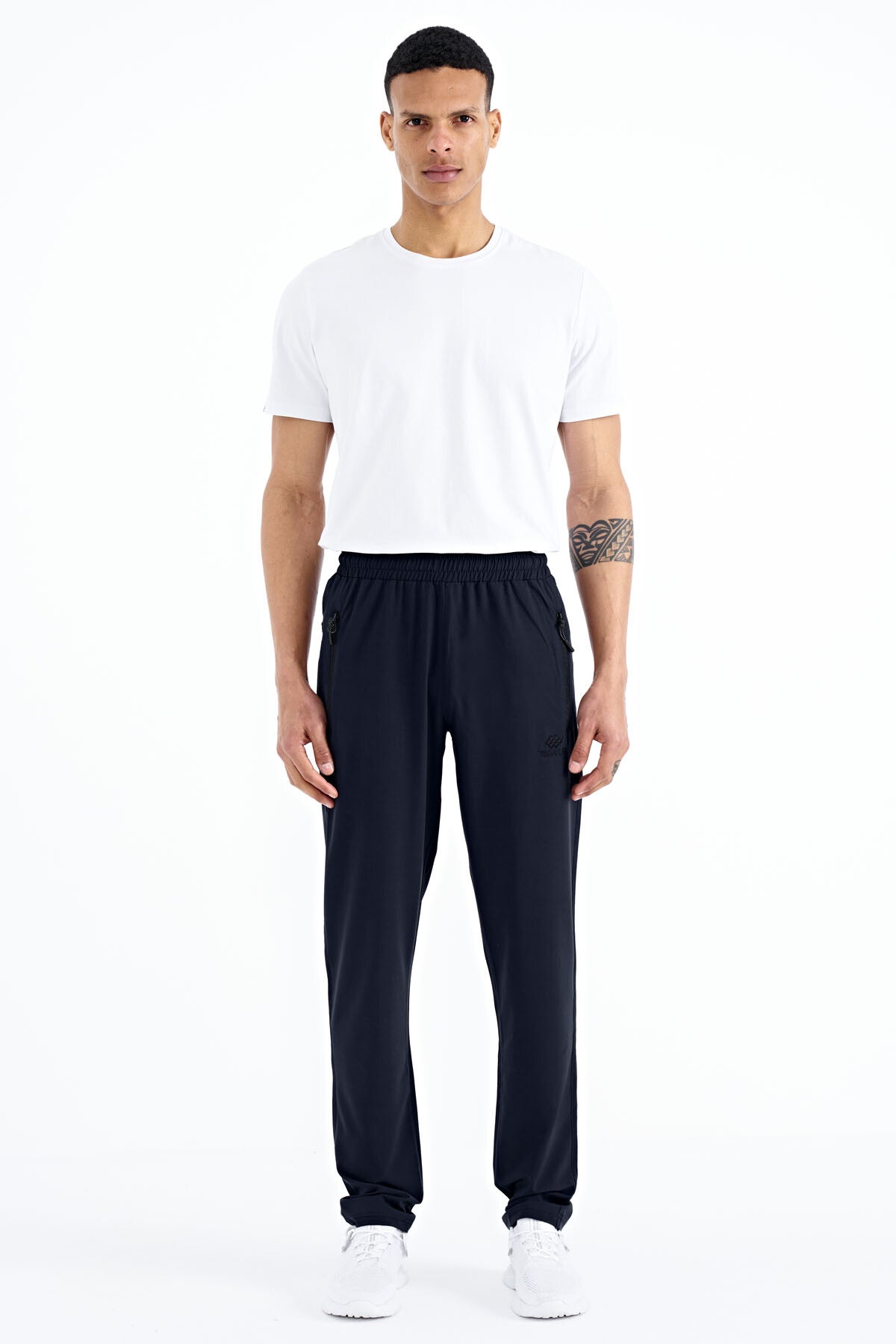 Navy Blue Men's Zippered Three-Pocket Standard Fit Classic Hem Tracksuit Bottom - 84768