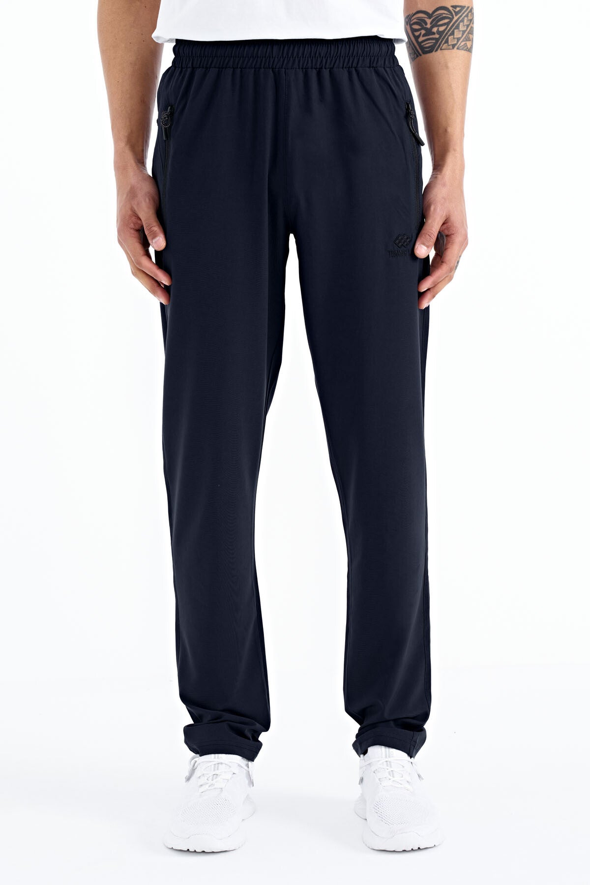 Navy Blue Men's Zippered Three-Pocket Standard Fit Classic Hem Tracksuit Bottom - 84768
