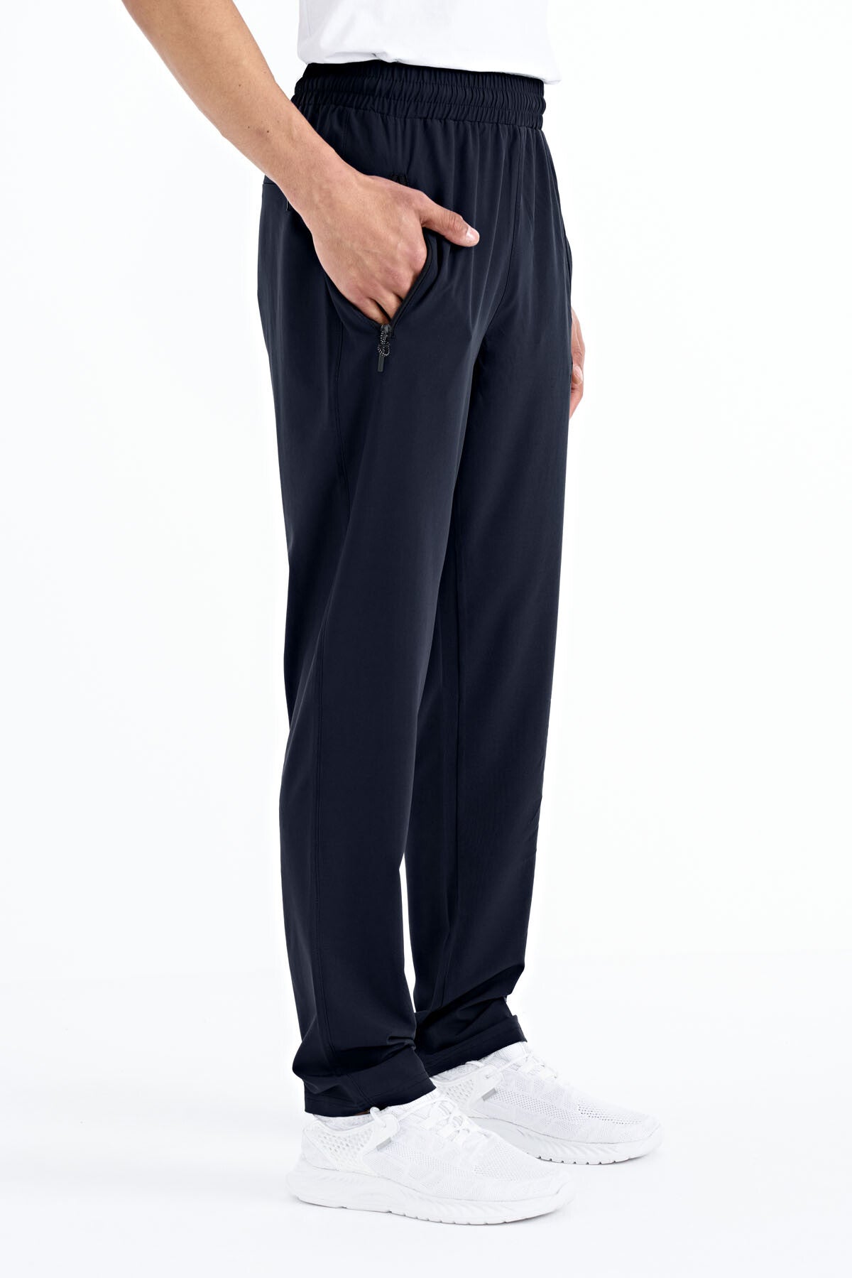 Navy Blue Men's Zippered Three-Pocket Standard Fit Classic Hem Tracksuit Bottom - 84768