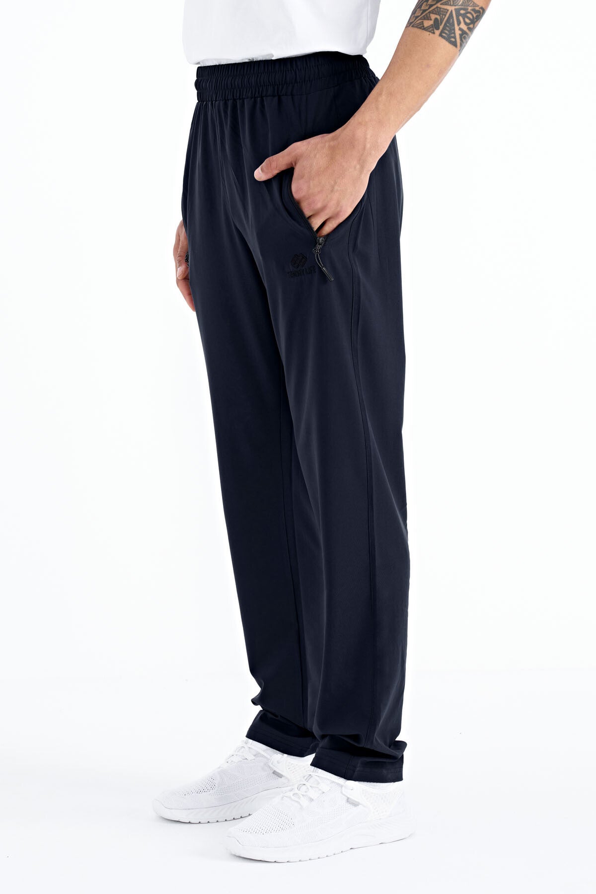 Navy Blue Men's Zippered Three-Pocket Standard Fit Classic Hem Tracksuit Bottom - 84768