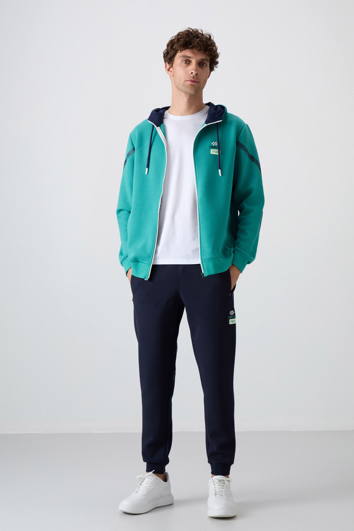 Tracksuit with a sea-green, indigo cotton fabric