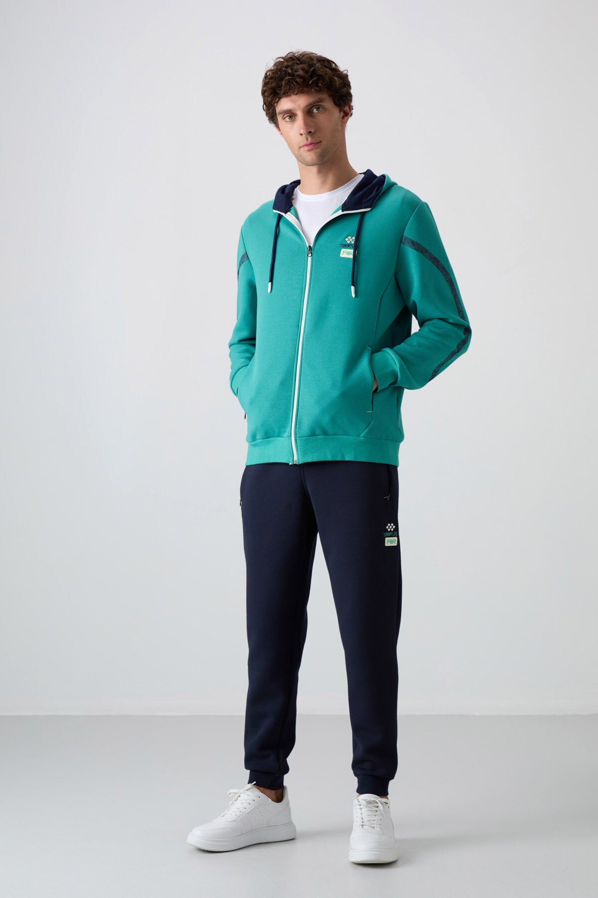 Tracksuit with a sea-green, indigo cotton fabric