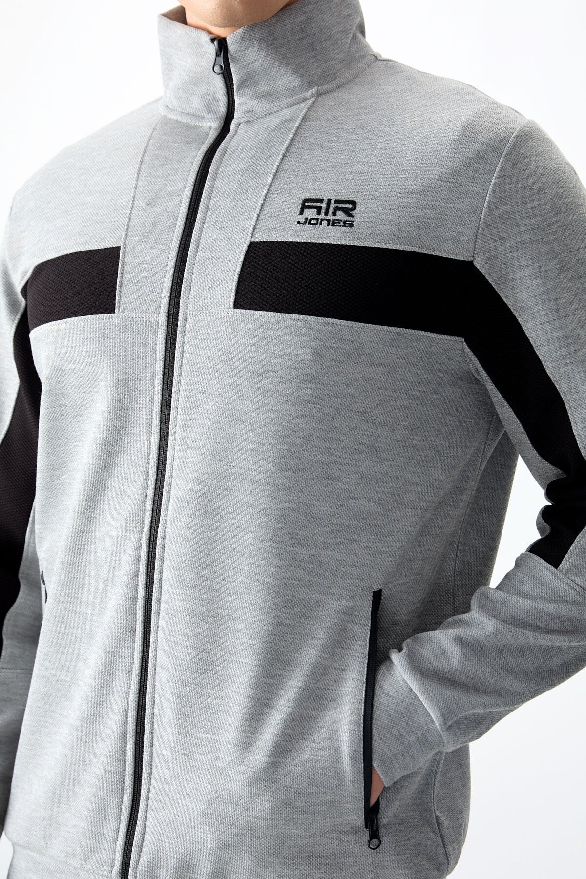 Grey Melange Textured Surface Standard Fit Embroidered Men's Tracksuit Set - 85248