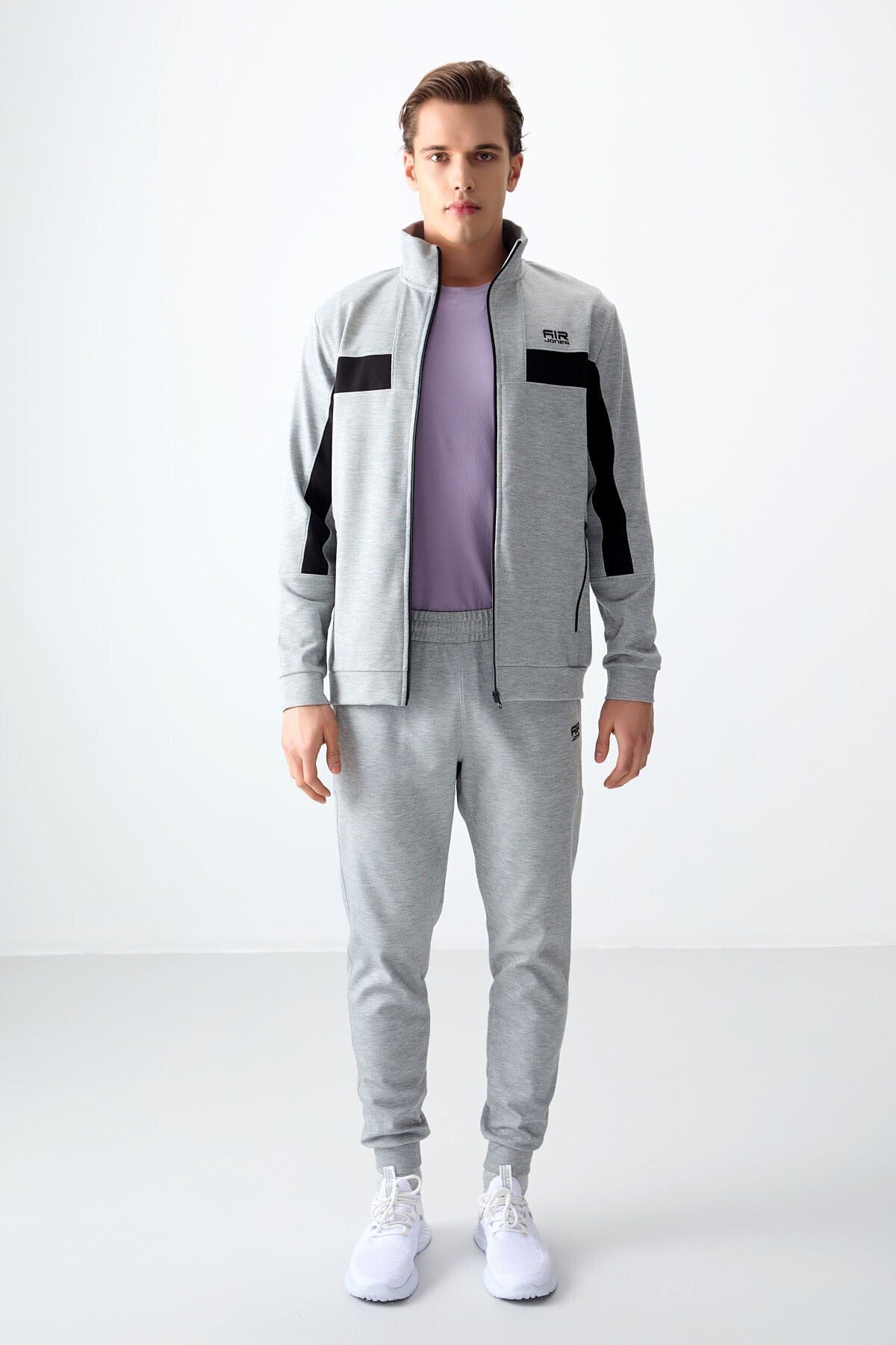 Grey Melange Textured Surface Standard Fit Embroidered Men's Tracksuit Set - 85248