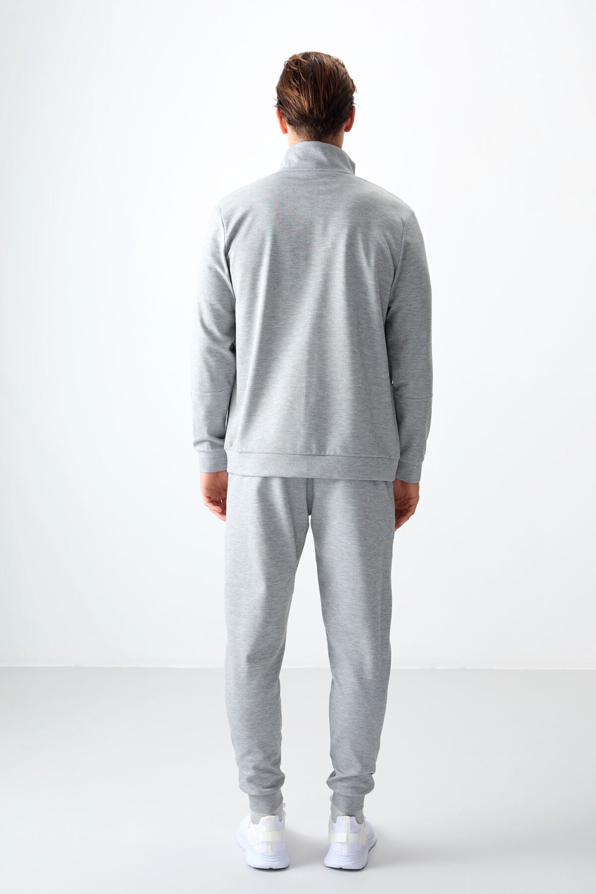 Grey Melange Textured Surface Standard Fit Embroidered Men's Tracksuit Set - 85248
