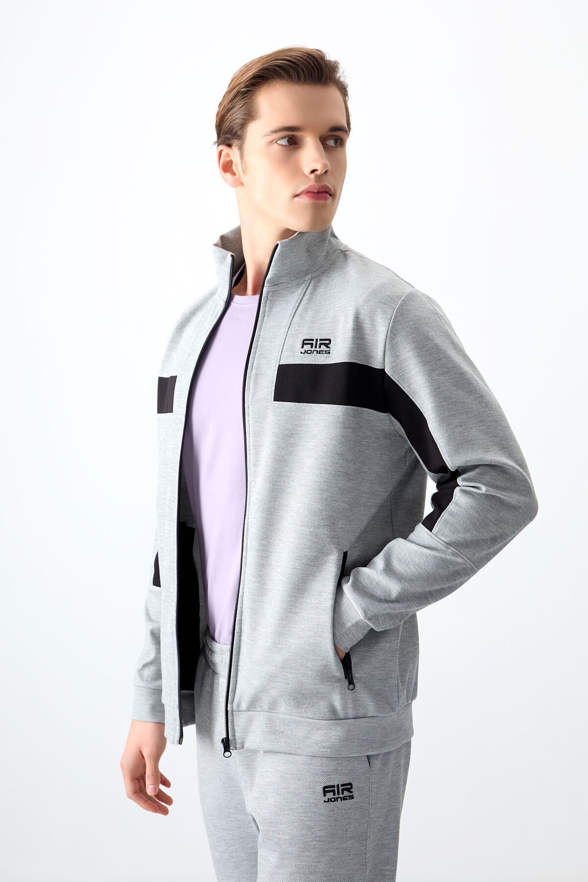 Grey Melange Textured Surface Standard Fit Embroidered Men's Tracksuit Set - 85248
