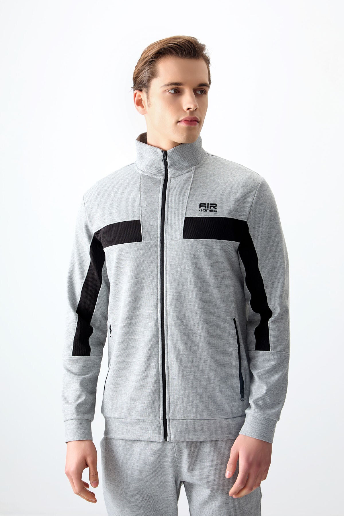 Grey Melange Textured Surface Standard Fit Embroidered Men's Tracksuit Set - 85248