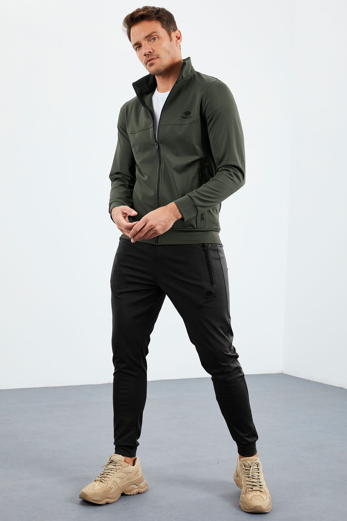 Black-White High Collar Zippered Standard Fit Cuff Men's Tracksuit Set - 85160