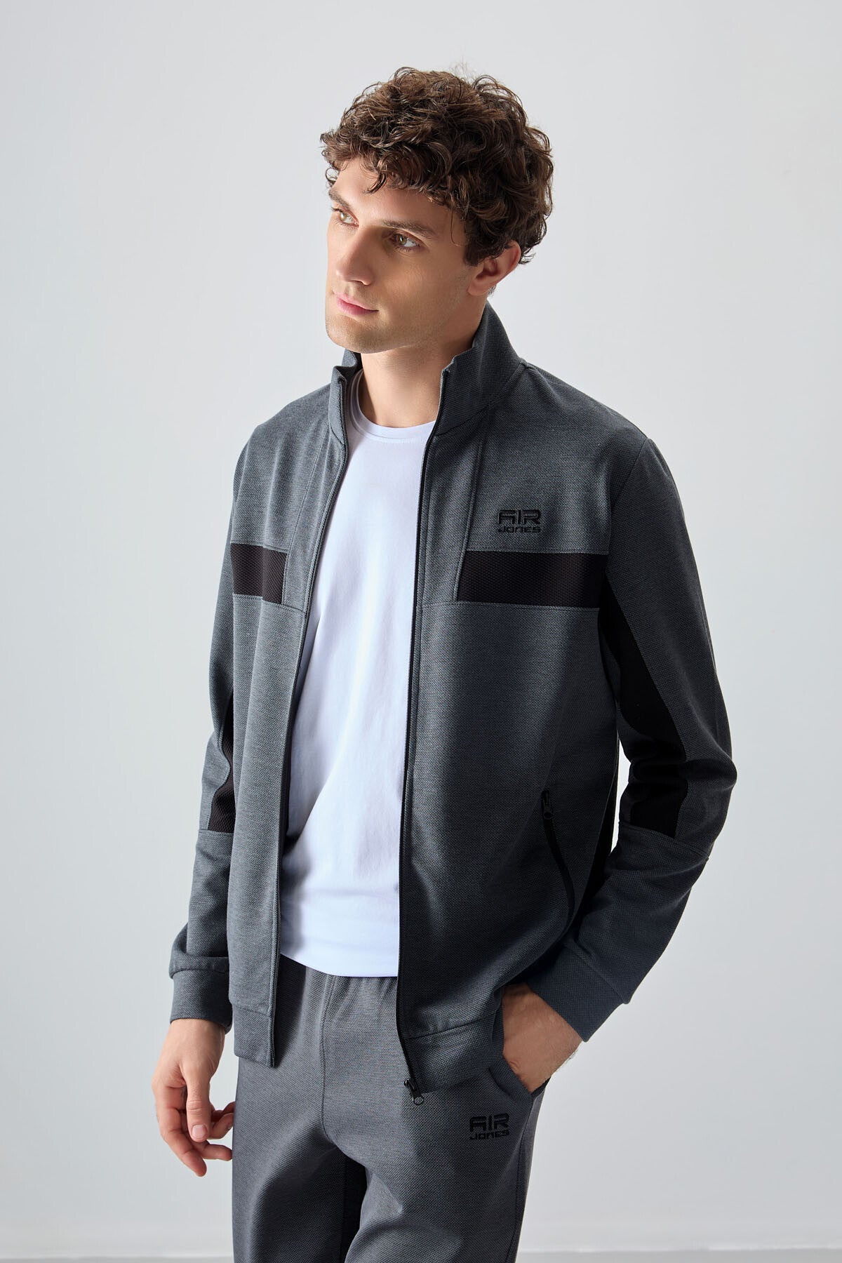 Dark Grey Textured Surface Standard Fit Embroidered Men's Tracksuit Set - 85248