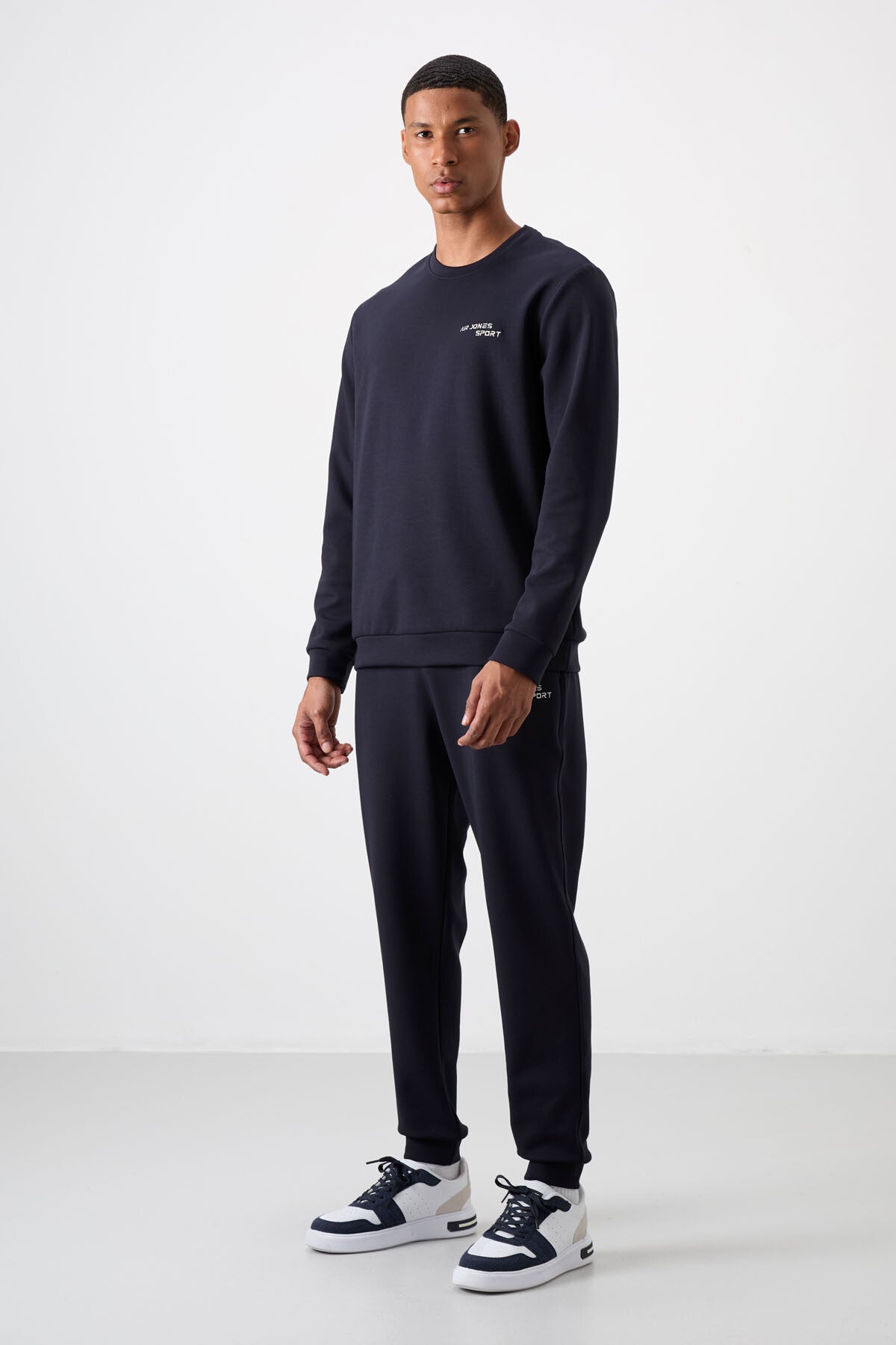 Navy Blue Cotton Thick Soft Textured Comfort Fit Embroidered Men's Tracksuit Set - 85254