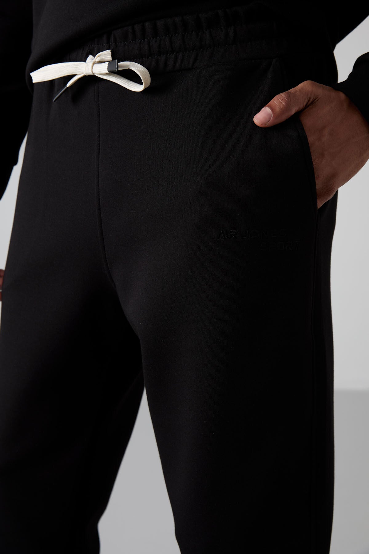 Black - Black Cotton Thick Soft Textured Comfort Fit Embroidered Men's Tracksuit Set - 85254