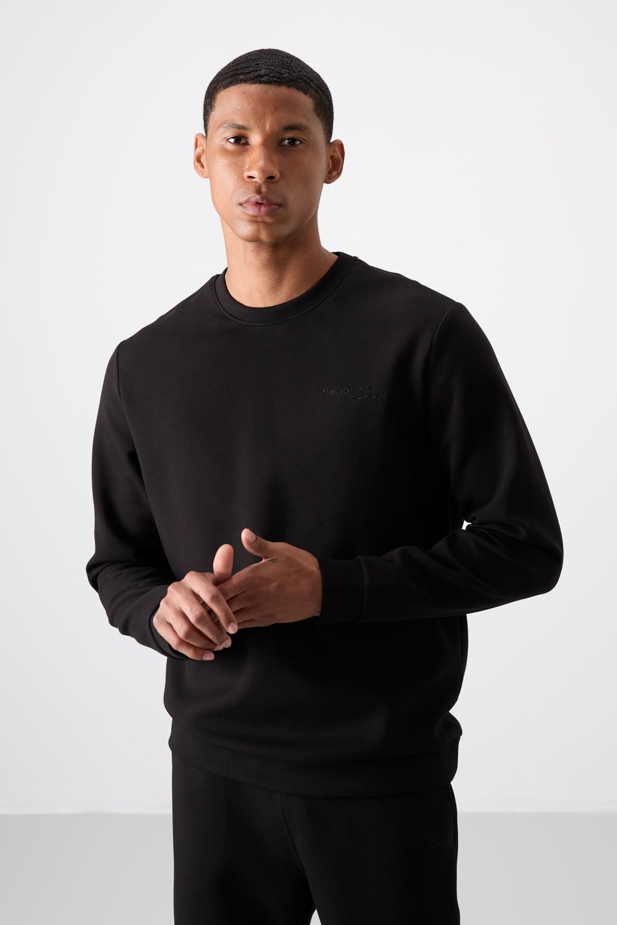 Black - Black Cotton Thick Soft Textured Comfort Fit Embroidered Men's Tracksuit Set - 85254