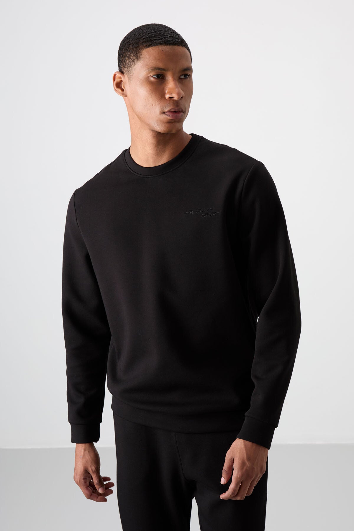 Black - Black Cotton Thick Soft Textured Comfort Fit Embroidered Men's Tracksuit Set - 85254