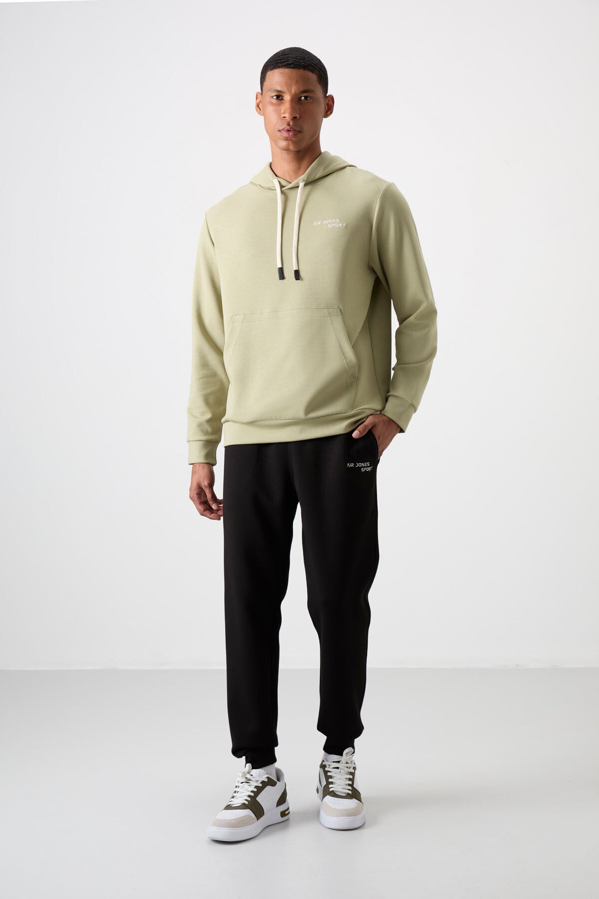 Khaki - Black Cotton Thick Soft Textured Comfort Fit Embroidered Men's Tracksuit Set - 85255