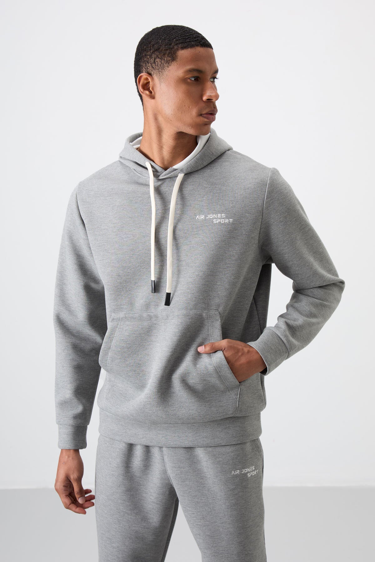 Grey Melange Cotton Thick Soft Textured Comfort Fit Embroidered Men's Tracksuit Set - 85255