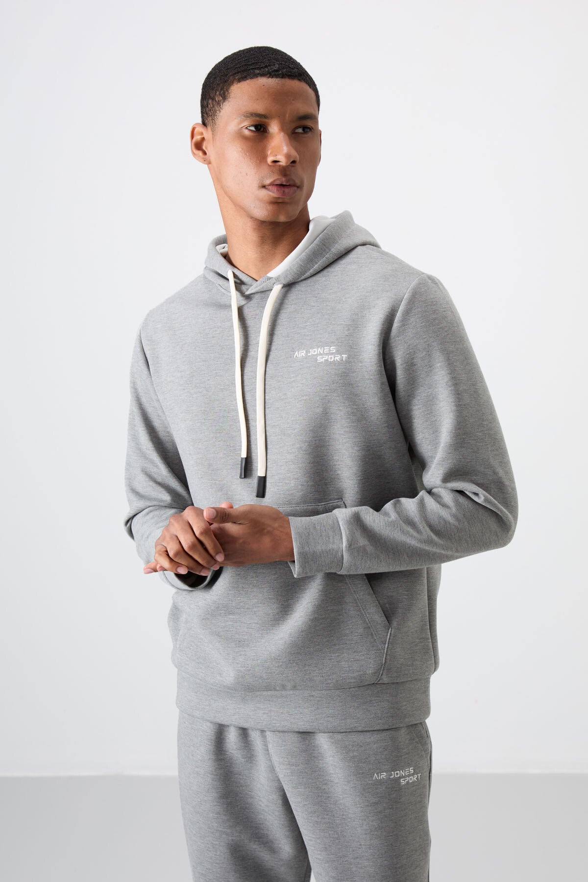 Grey Melange Cotton Thick Soft Textured Comfort Fit Embroidered Men's Tracksuit Set - 85255