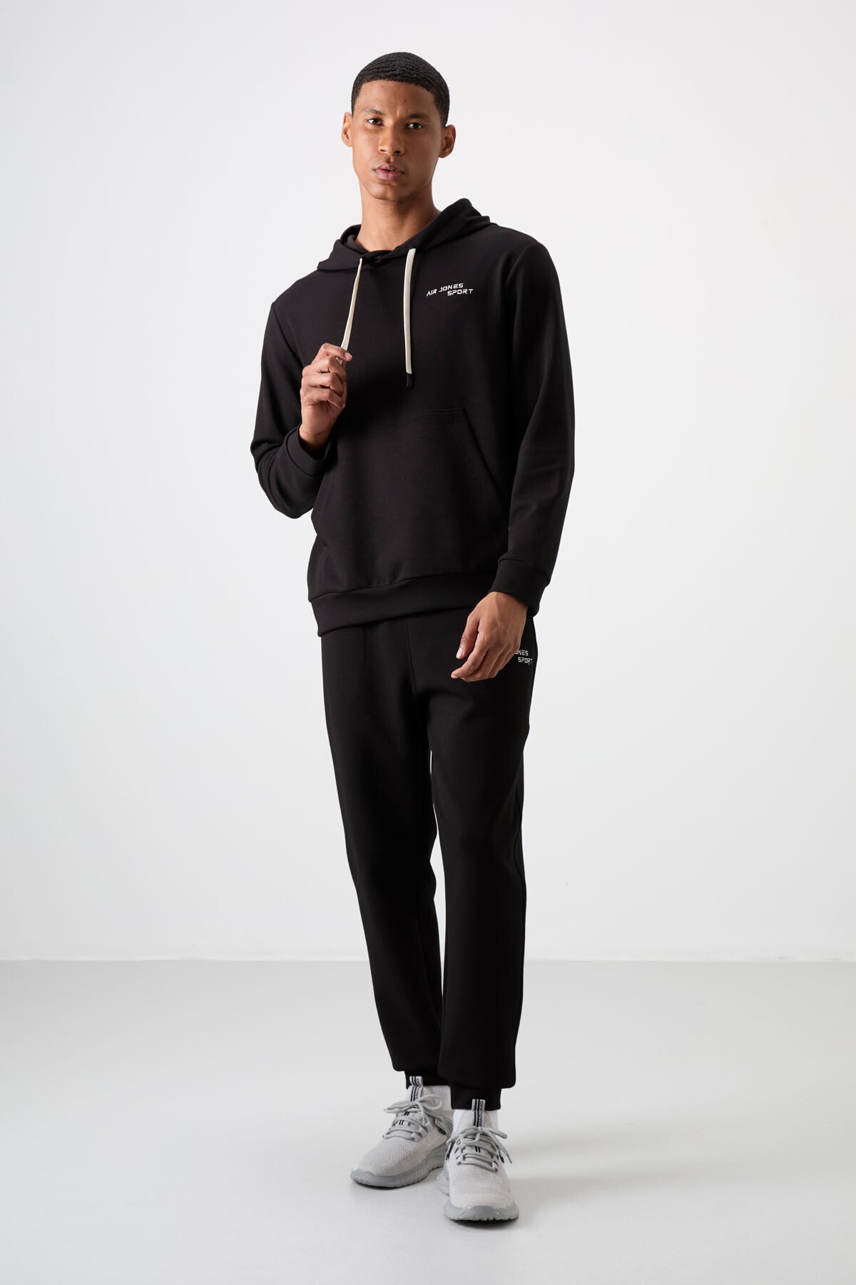 Ecru - Black Cotton Thick Soft Textured Comfort Fit Embroidered Men's Tracksuit Set - 85255