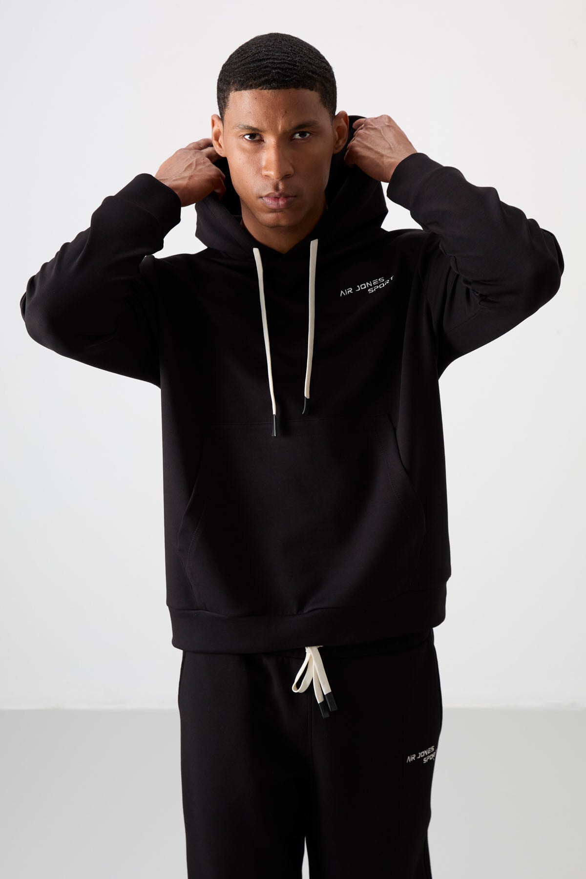 Ecru - Black Cotton Thick Soft Textured Comfort Fit Embroidered Men's Tracksuit Set - 85255