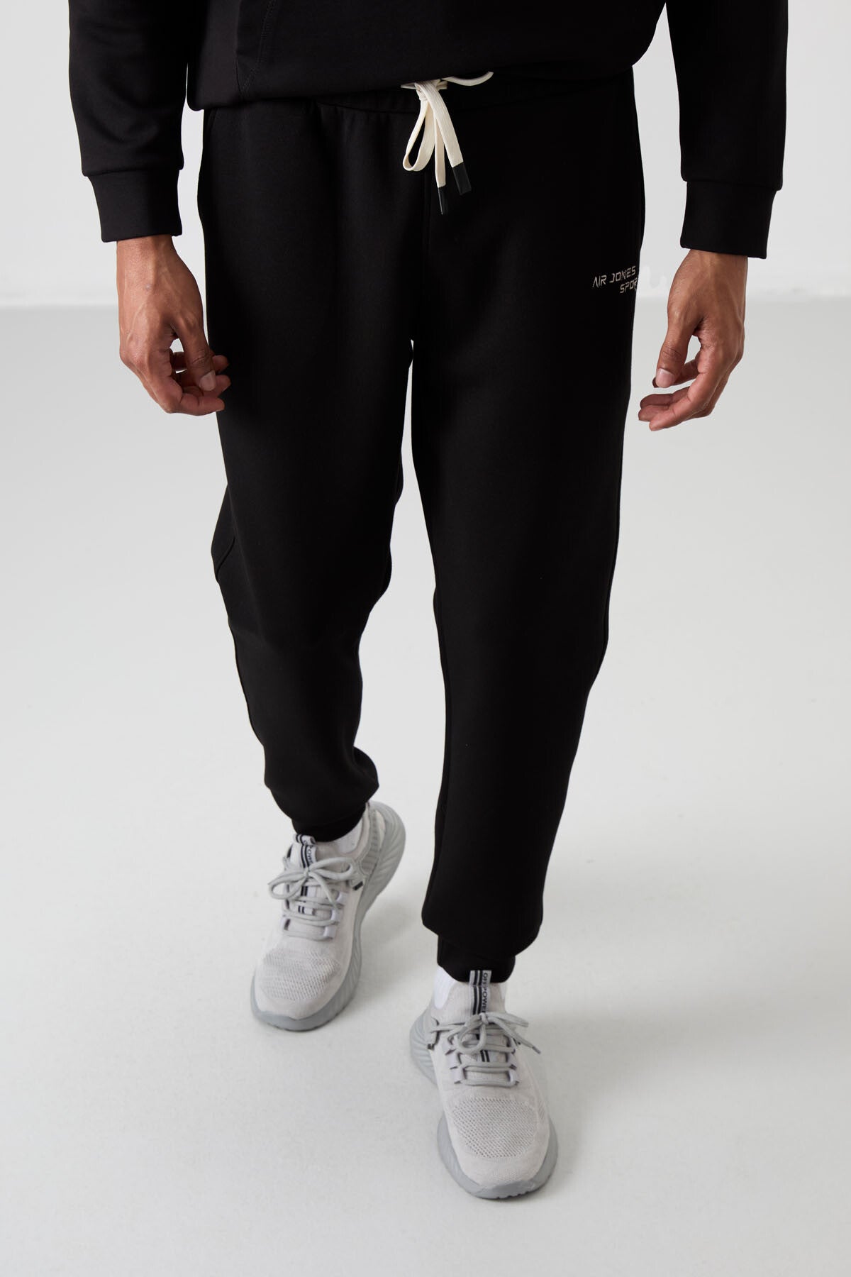 Ecru - Black Cotton Thick Soft Textured Comfort Fit Embroidered Men's Tracksuit Set - 85255