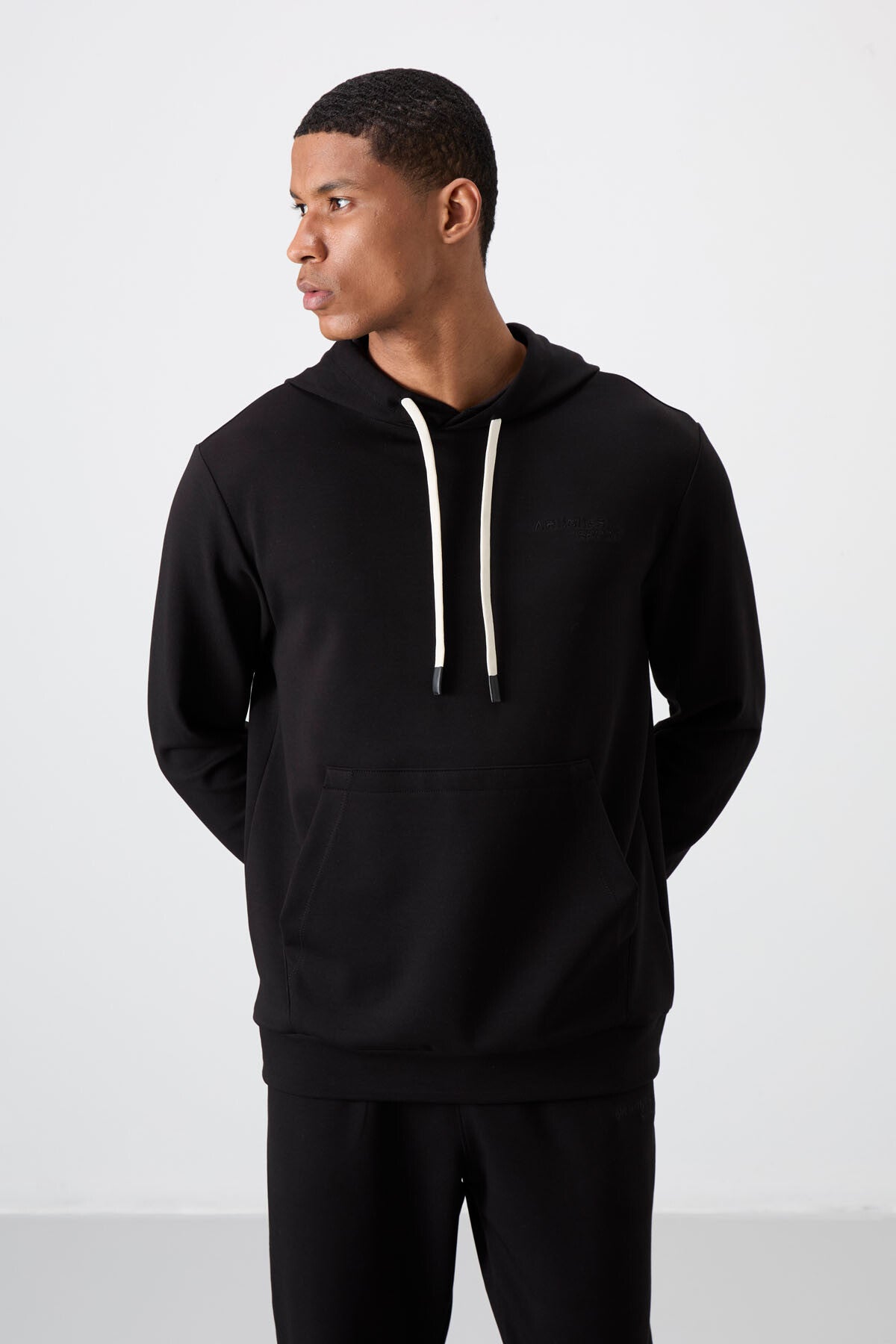 Black - Black Cotton Thick Soft Textured Comfort Fit Embroidered Men's Tracksuit Set - 85255