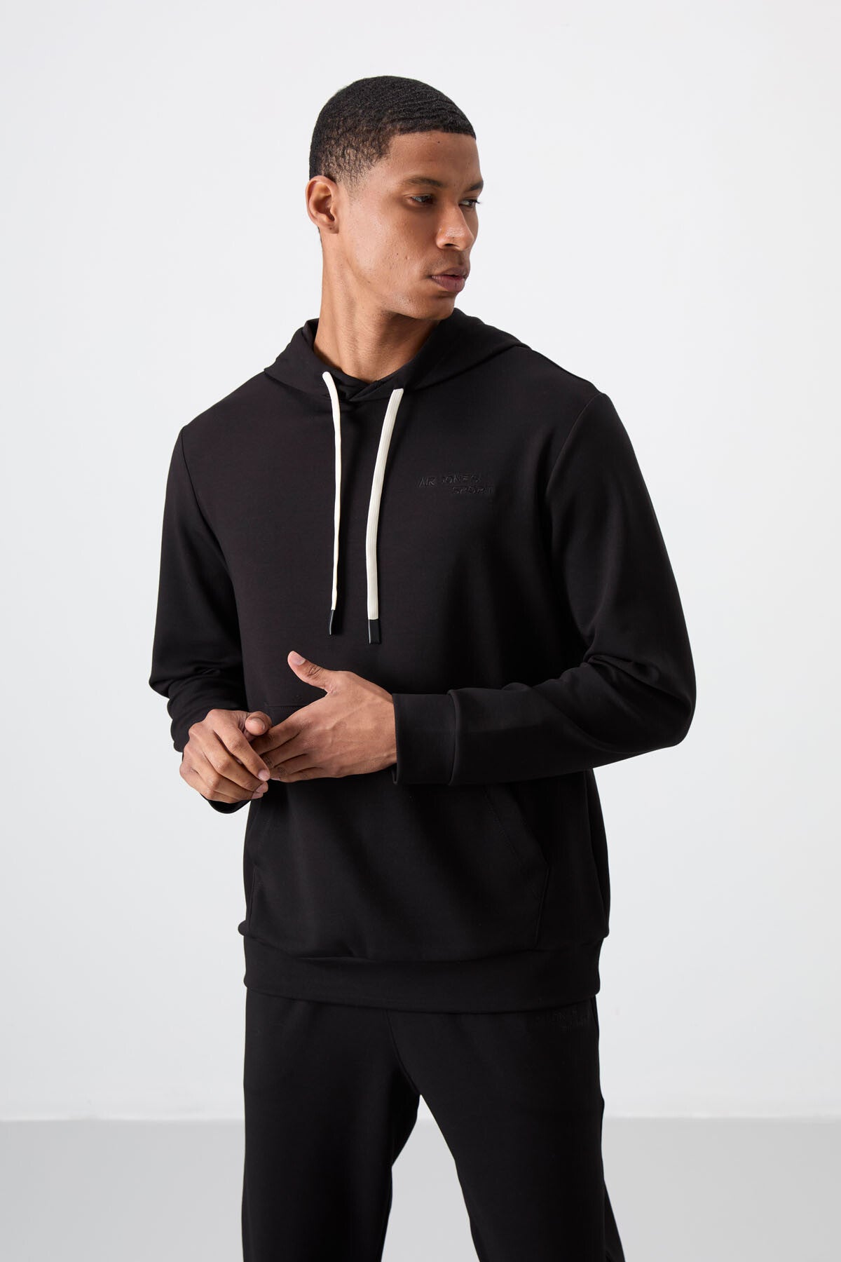 Black - Black Cotton Thick Soft Textured Comfort Fit Embroidered Men's Tracksuit Set - 85255