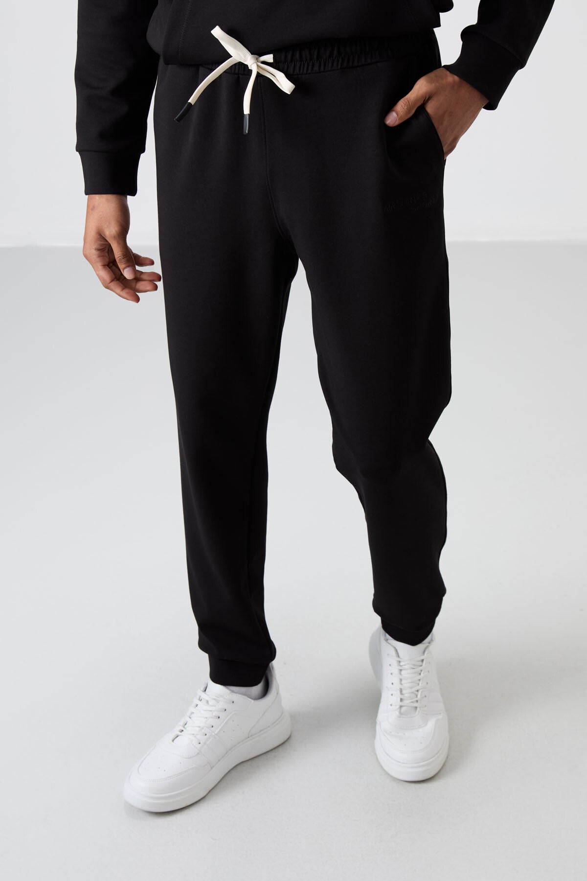 Black - Black Cotton Thick Soft Textured Comfort Fit Embroidered Men's Tracksuit Set - 85255
