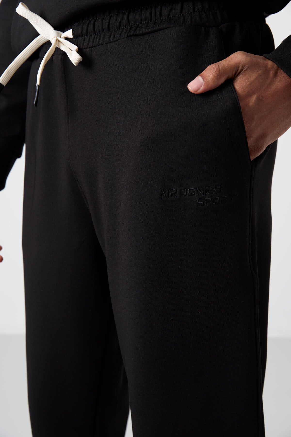 Black - Black Cotton Thick Soft Textured Comfort Fit Embroidered Men's Tracksuit Set - 85255