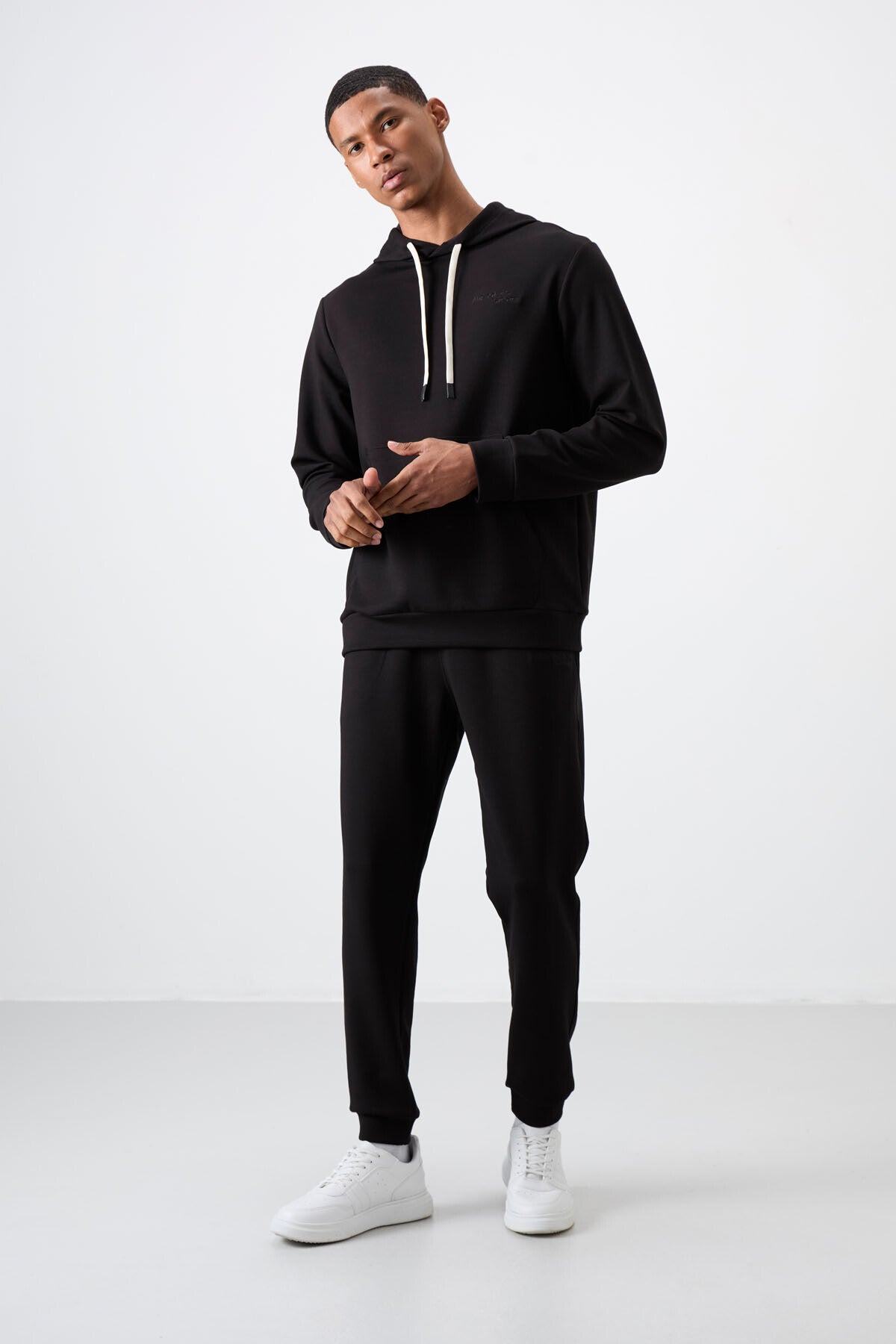 Black - Black Cotton Thick Soft Textured Comfort Fit Embroidered Men's Tracksuit Set - 85255