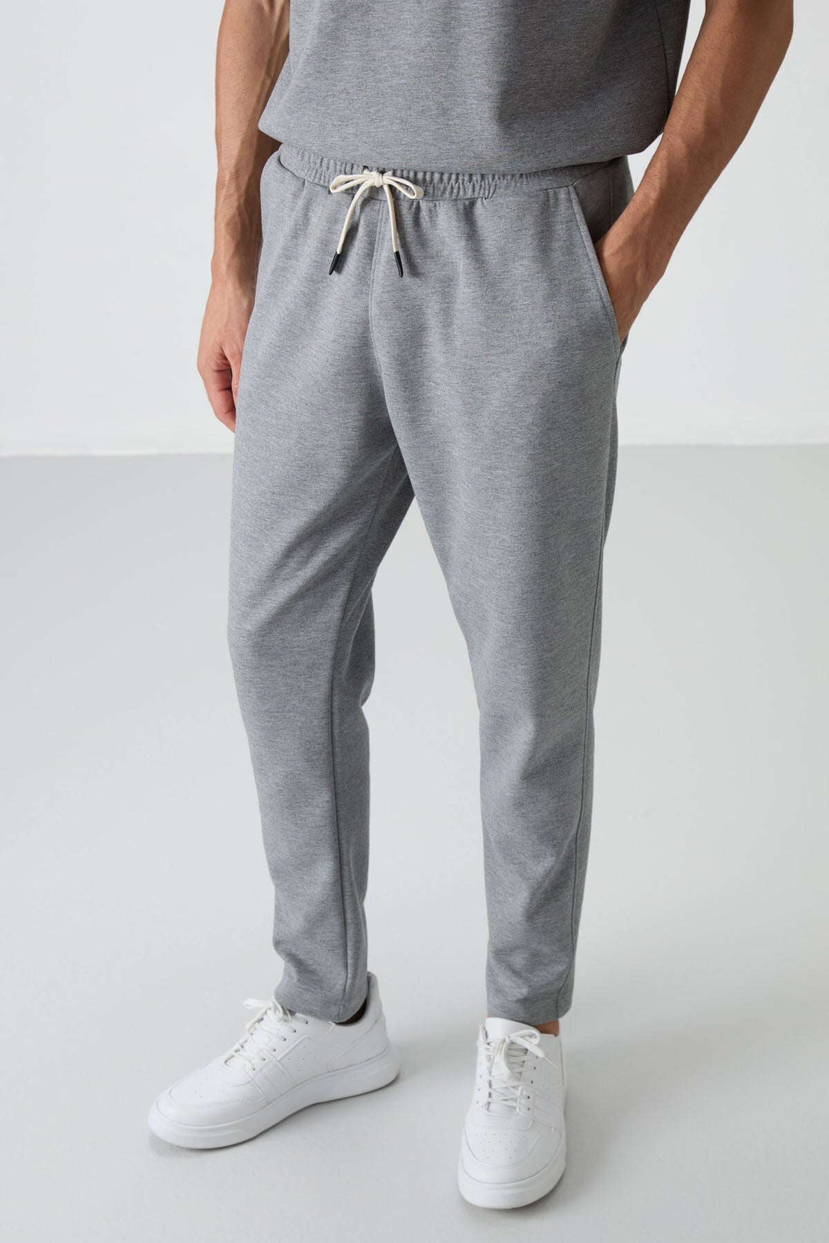 Grey Melange Cotton Thick Soft Textured Oversize Fit Basic Men's Tracksuit Set - 85251