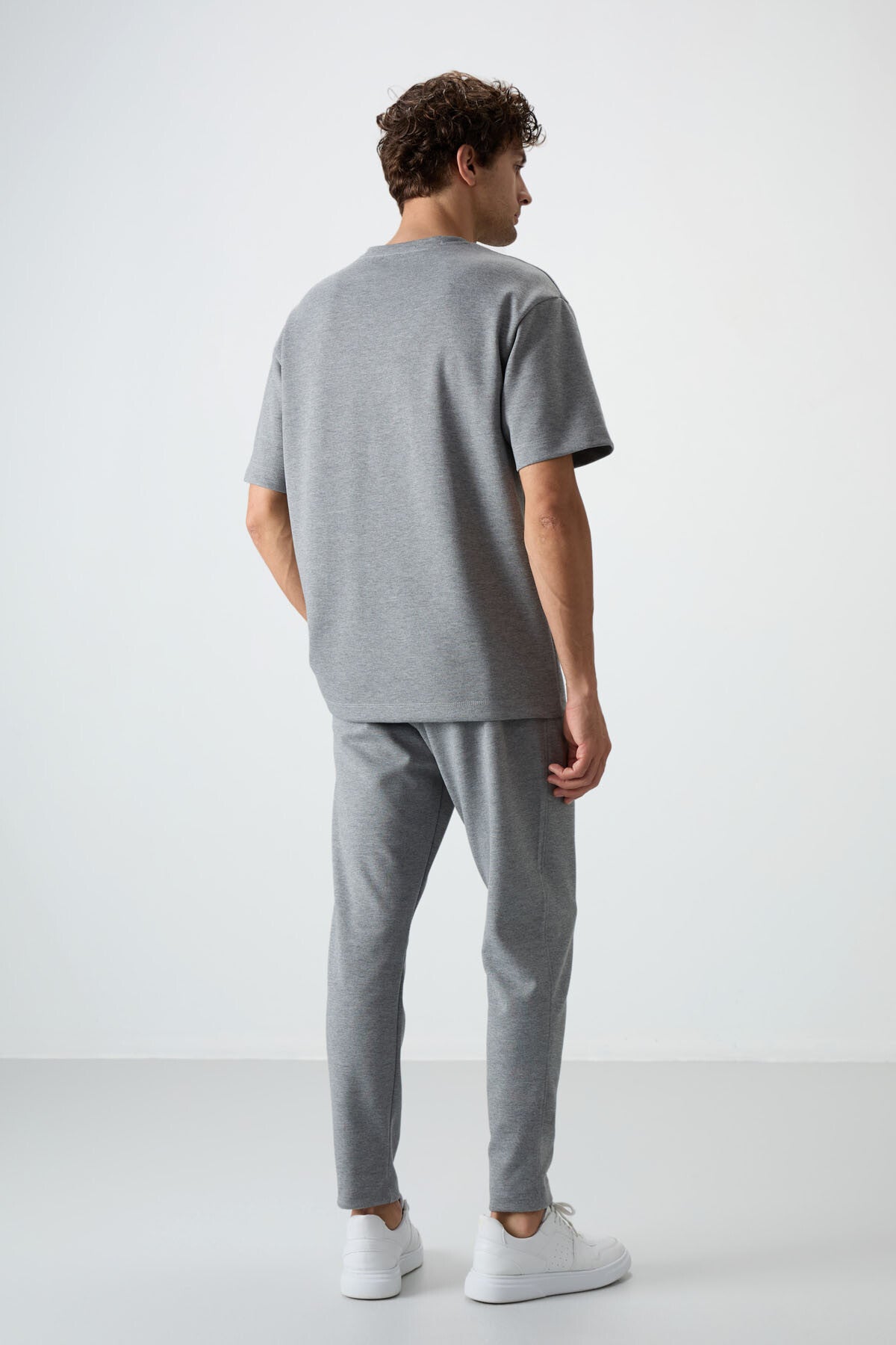 Grey Melange Cotton Thick Soft Textured Oversize Fit Basic Men's Tracksuit Set - 85251